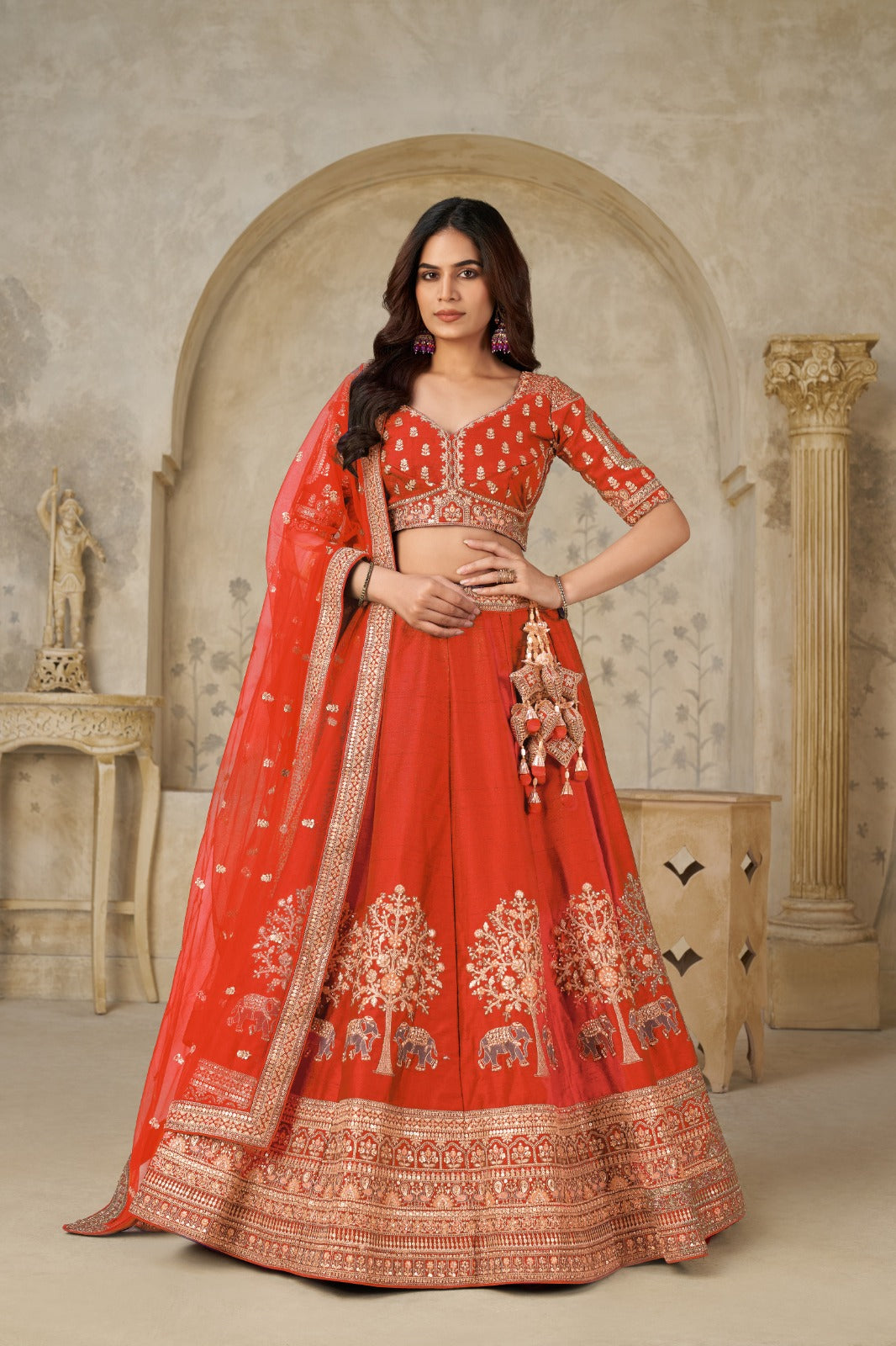 Orange Bridal Zari Embroidered Silk Lehenga with Dupatta