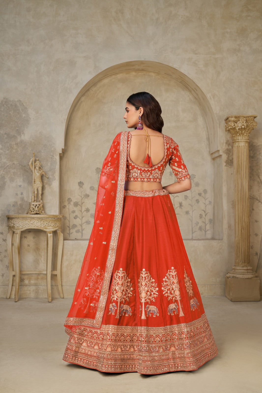Orange Bridal Zari Embroidered Silk Lehenga with Dupatta