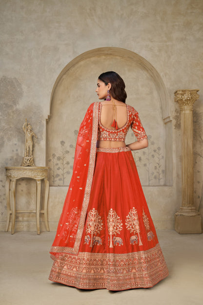 Orange Bridal Zari Embroidered Silk Lehenga with Dupatta 
