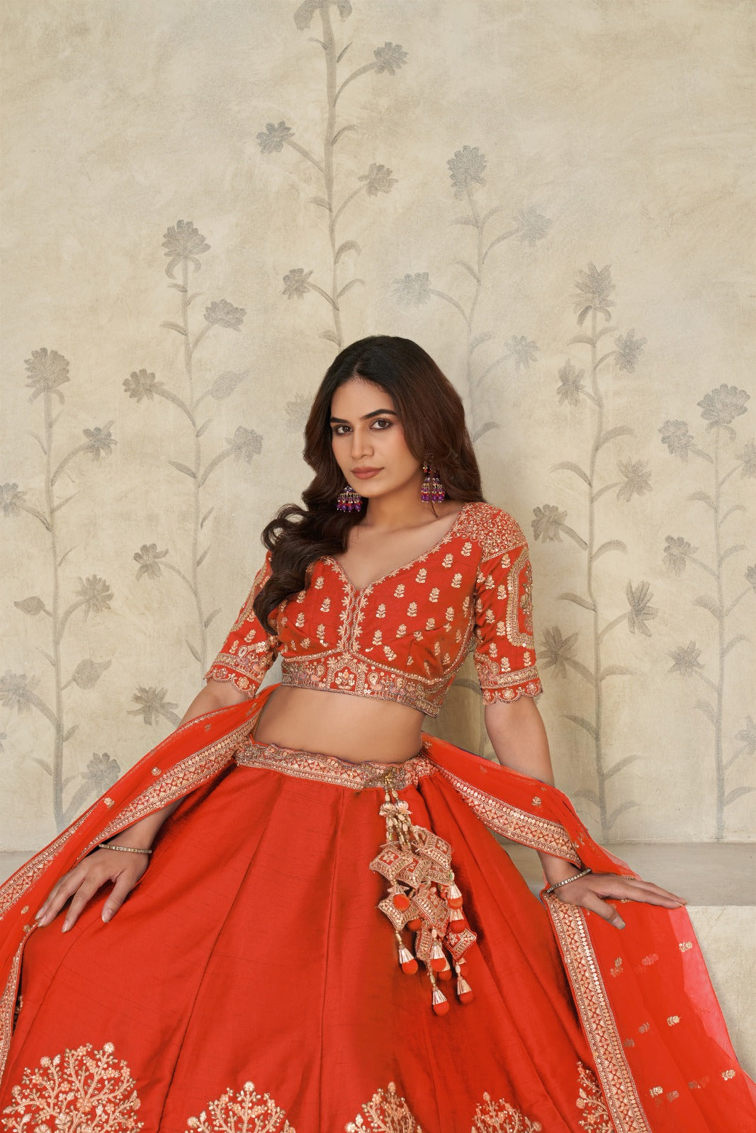 Orange Bridal Zari Embroidered Silk Lehenga with Dupatta
