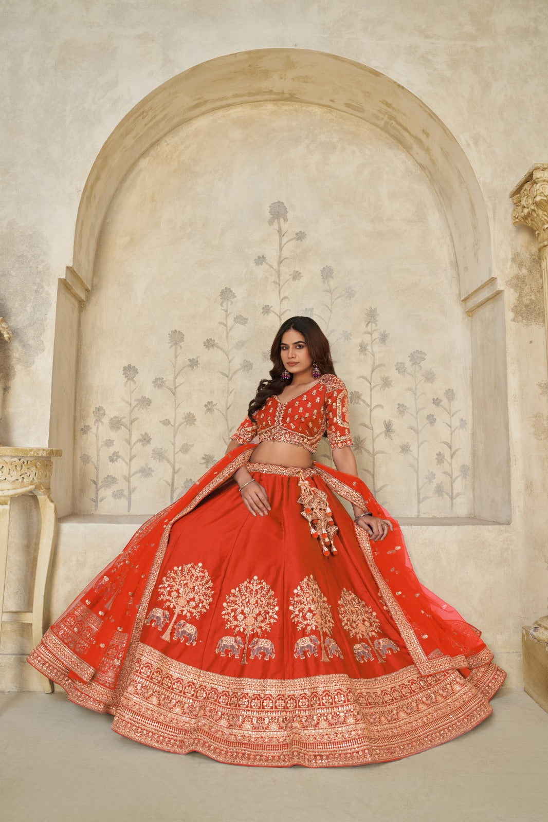 Orange Bridal Zari Embroidered Silk Lehenga with Dupatta