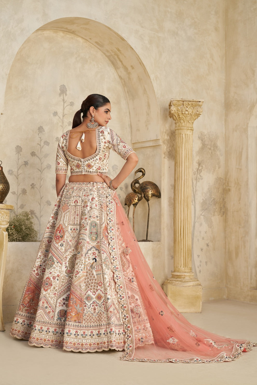 Cream Embroidered Silk Lehenga with Peach Dupatta