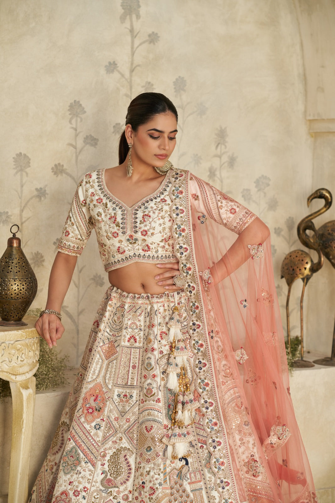 Cream Embroidered Silk Lehenga with Peach Dupatta