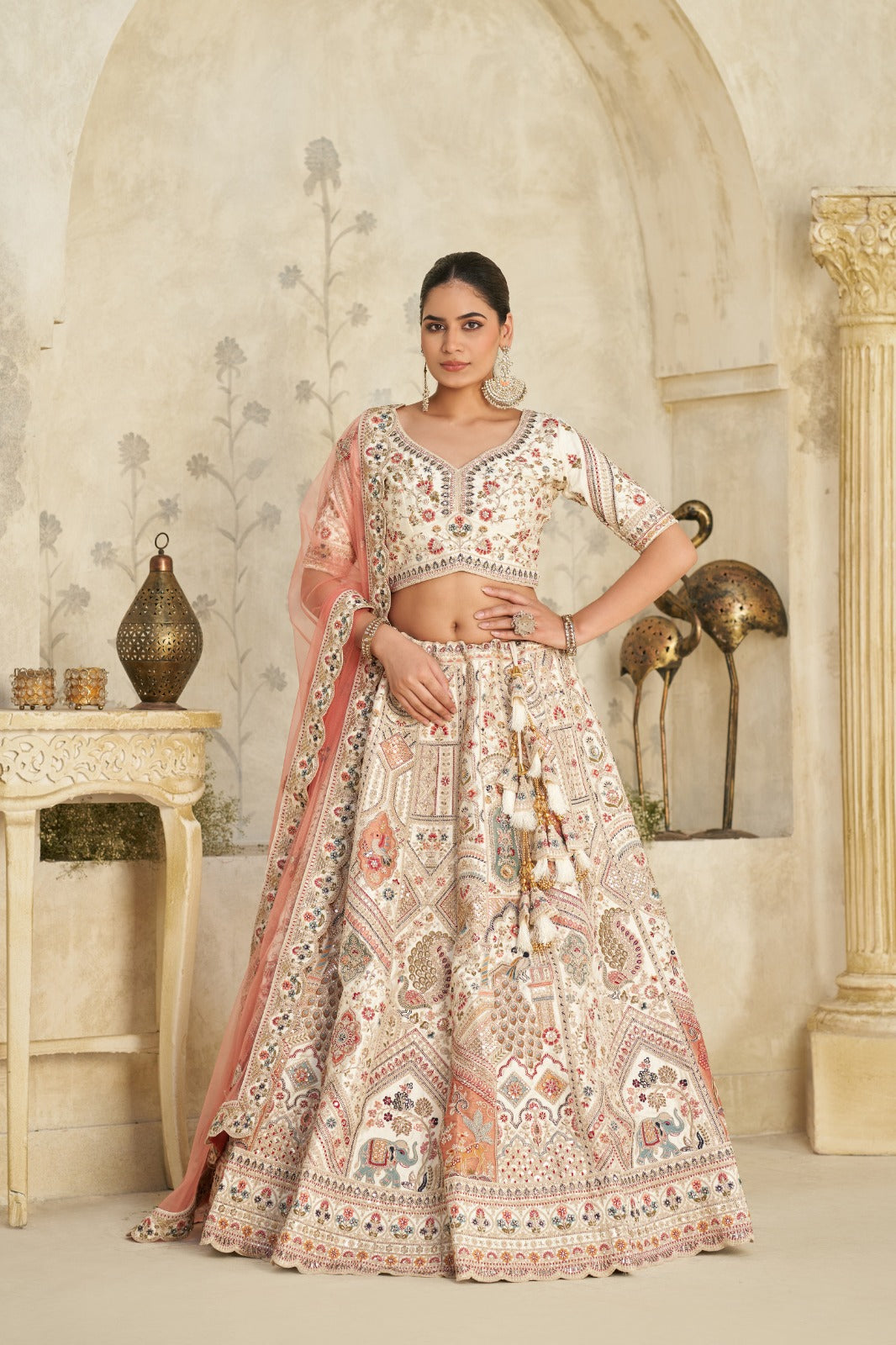 Cream Embroidered Silk Lehenga with Peach Dupatta