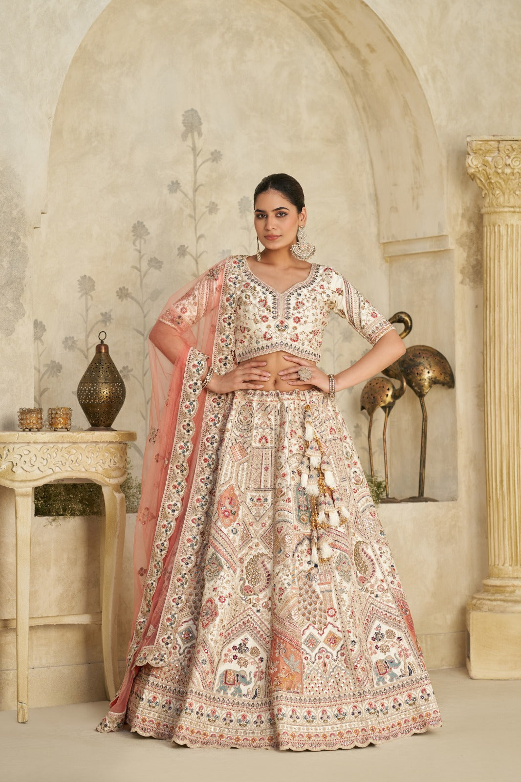 Cream Embroidered Silk Lehenga with Peach Dupatta