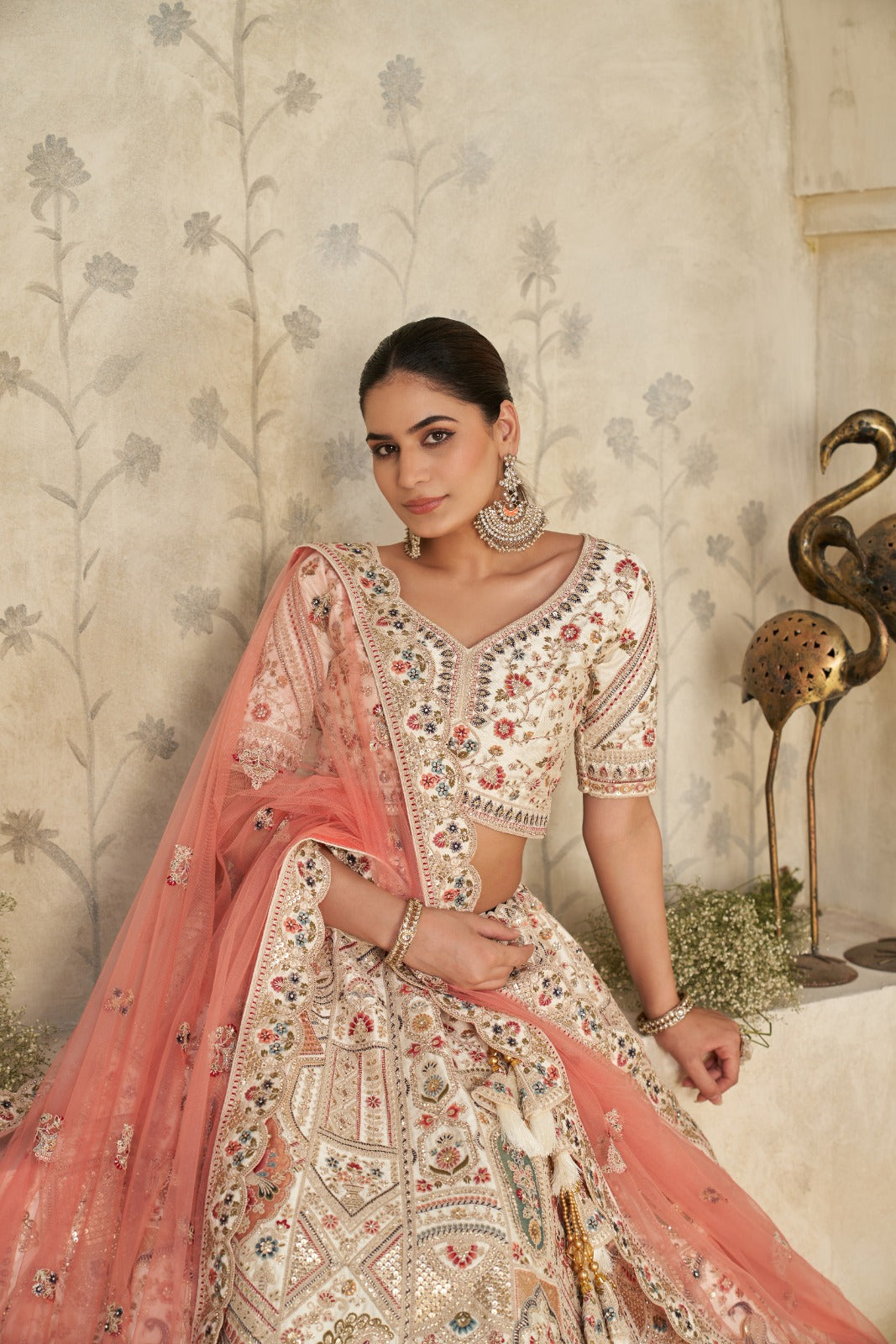 Cream Embroidered Silk Lehenga with Peach Dupatta
