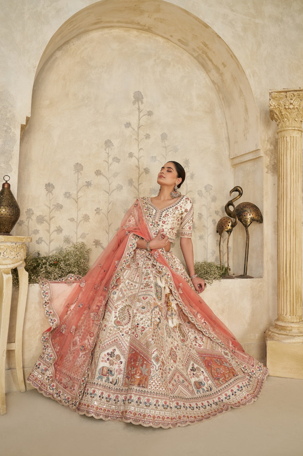 Cream Embroidered Silk Lehenga with Peach Dupatta