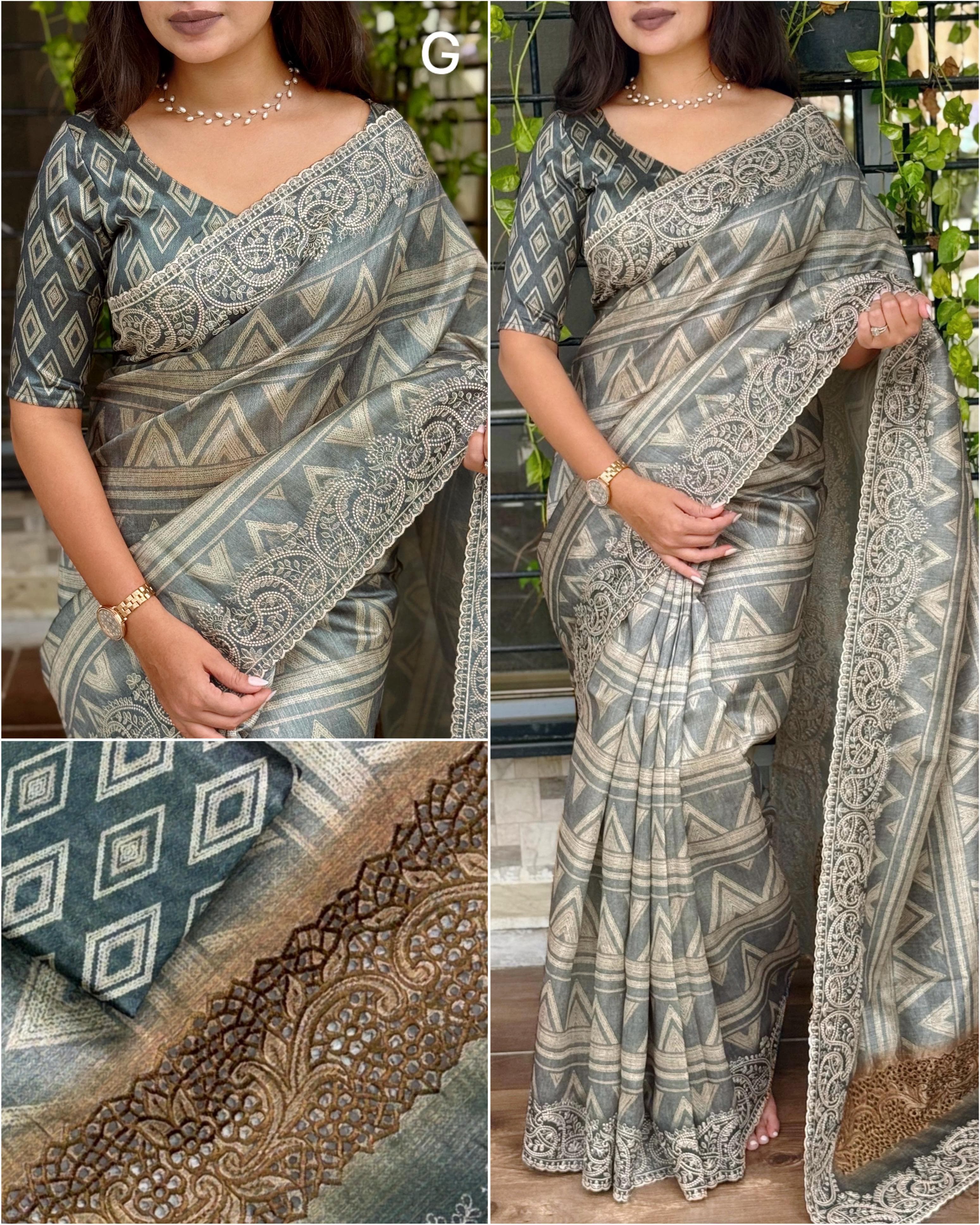Grey Pure Linen Cotton Designer Saree