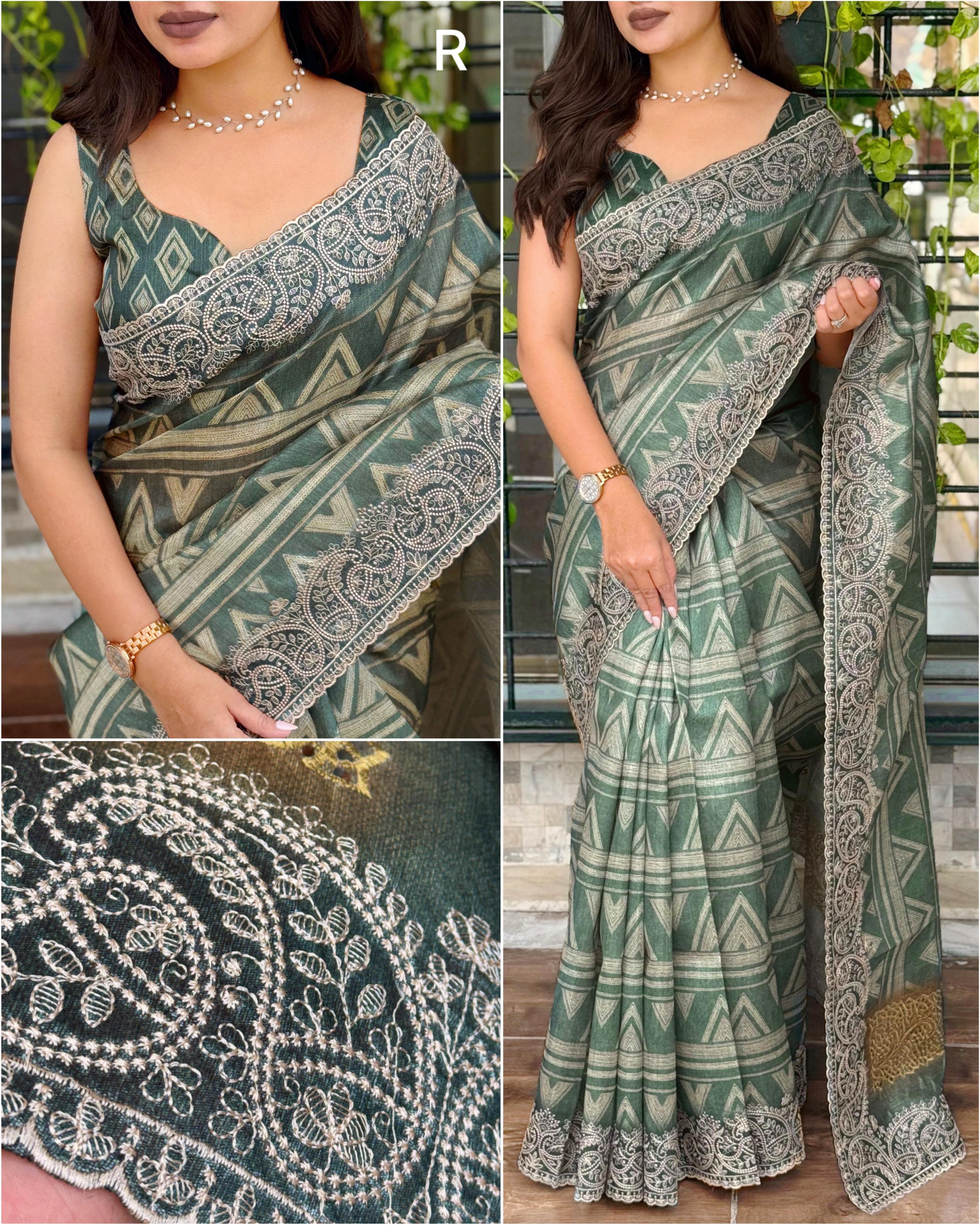 Rama Pure Linen Cotton Designer Saree