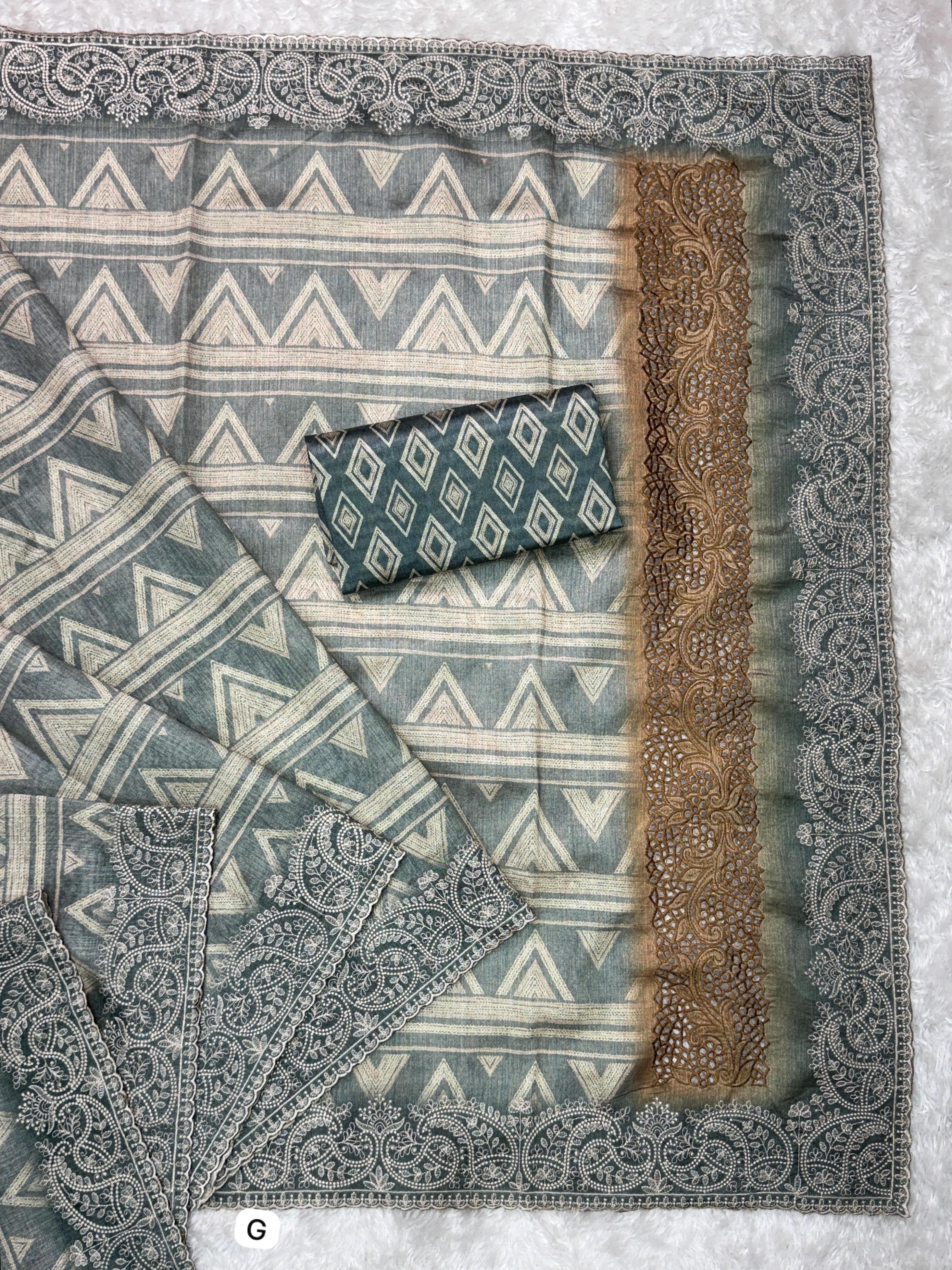 Grey Pure Linen Cotton Designer Saree