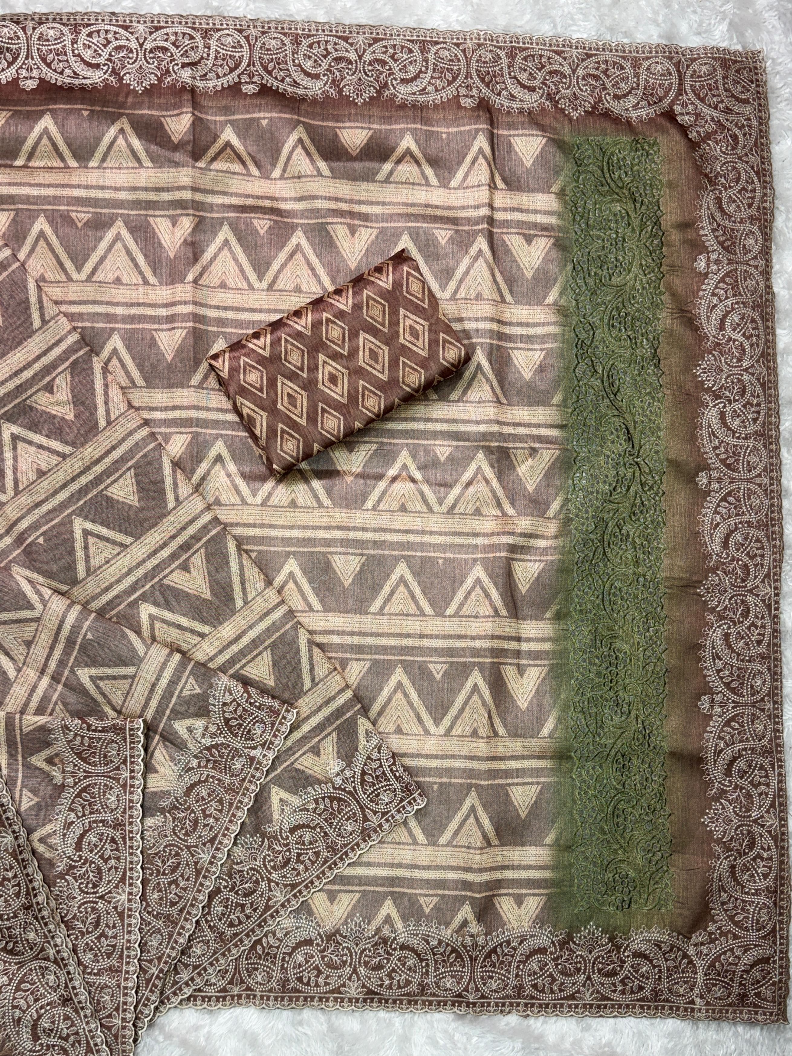 Brown Pure Linen Cotton Designer Saree