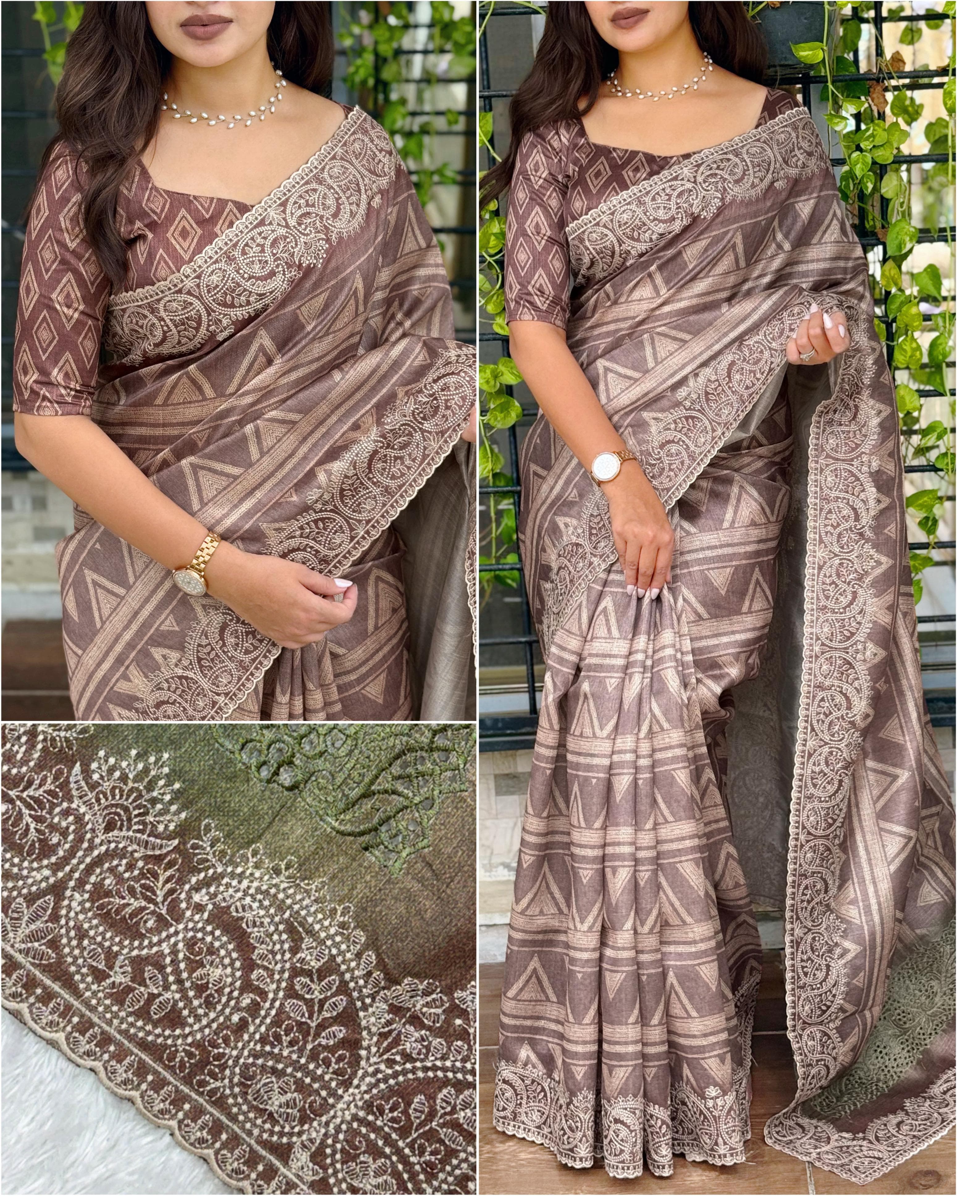 Brown Pure Linen Cotton Designer Saree