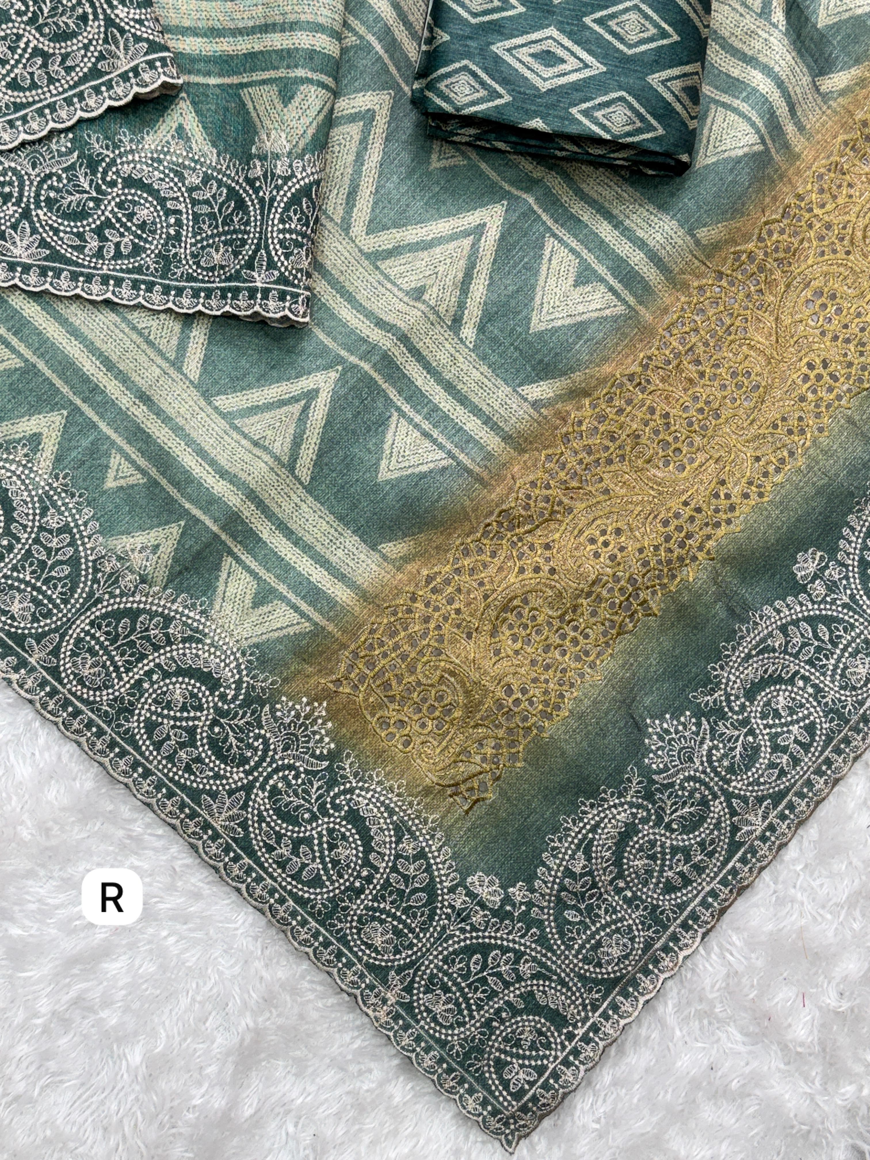 Rama Pure Linen Cotton Designer Saree