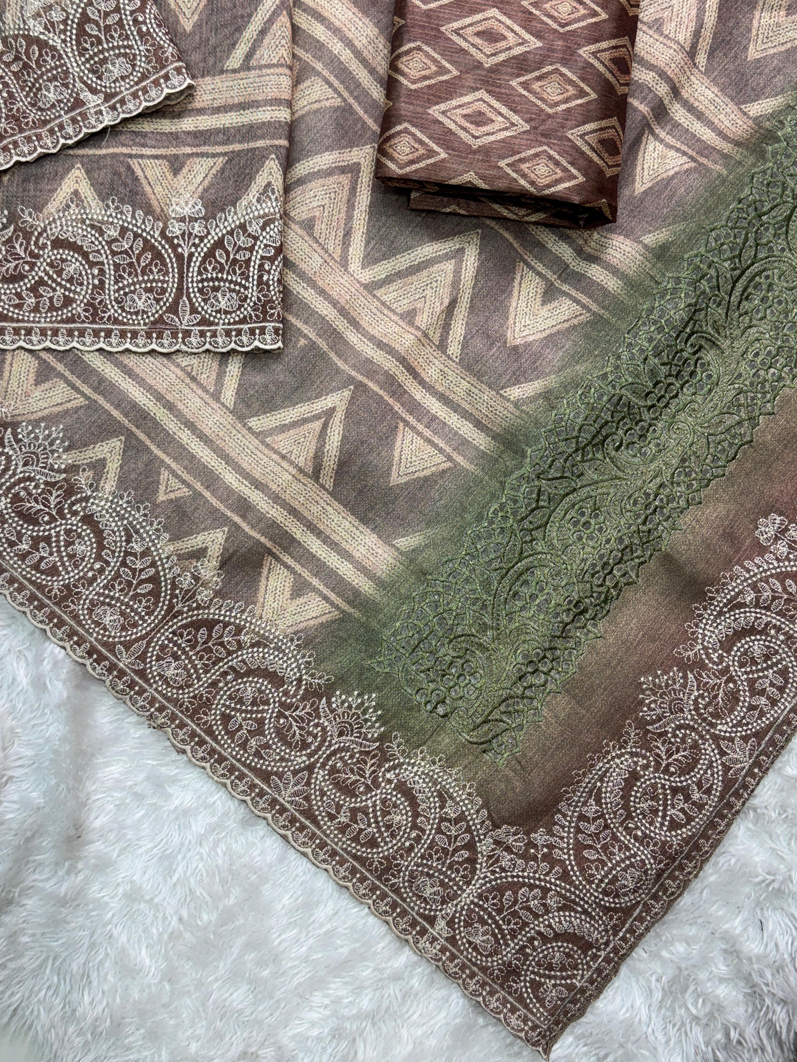 Brown Pure Linen Cotton Designer Saree