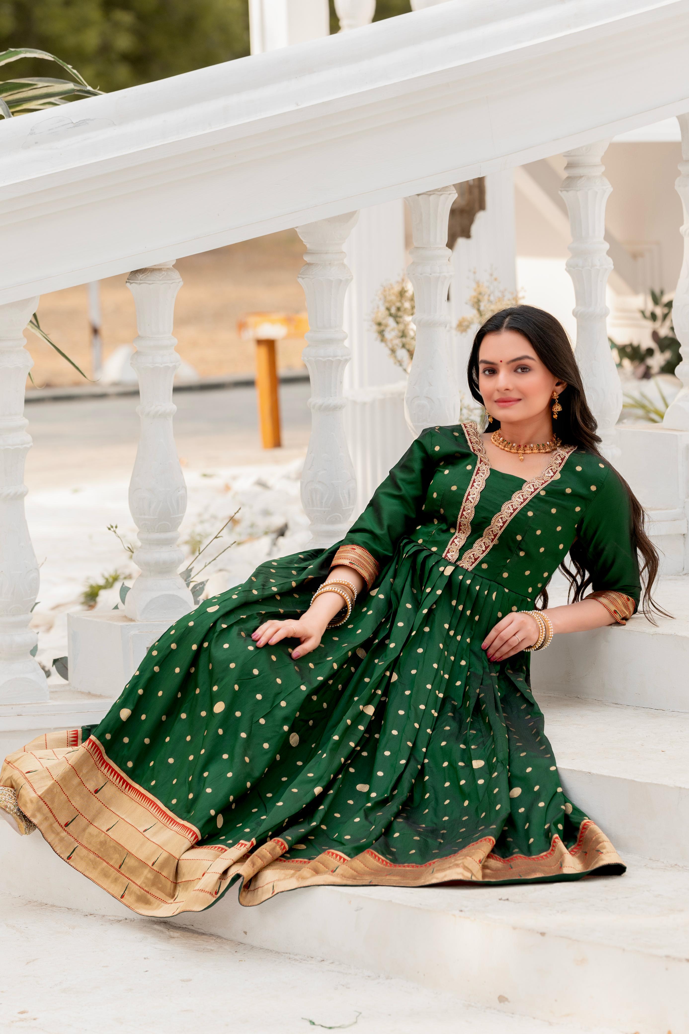 Green Pure Soft Paithani Silk Anarkali Gown