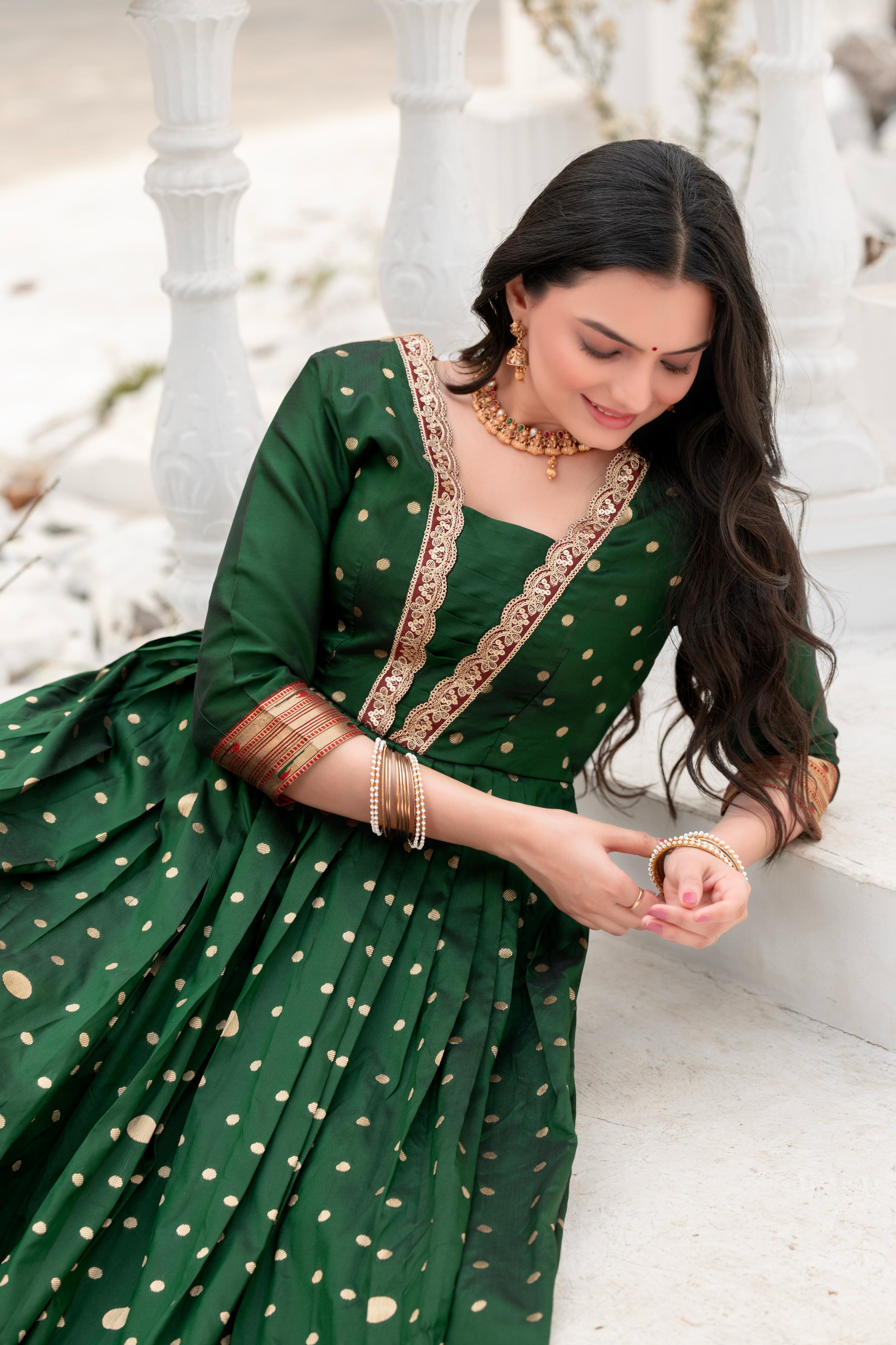 Green Pure Soft Paithani Silk Anarkali Gown