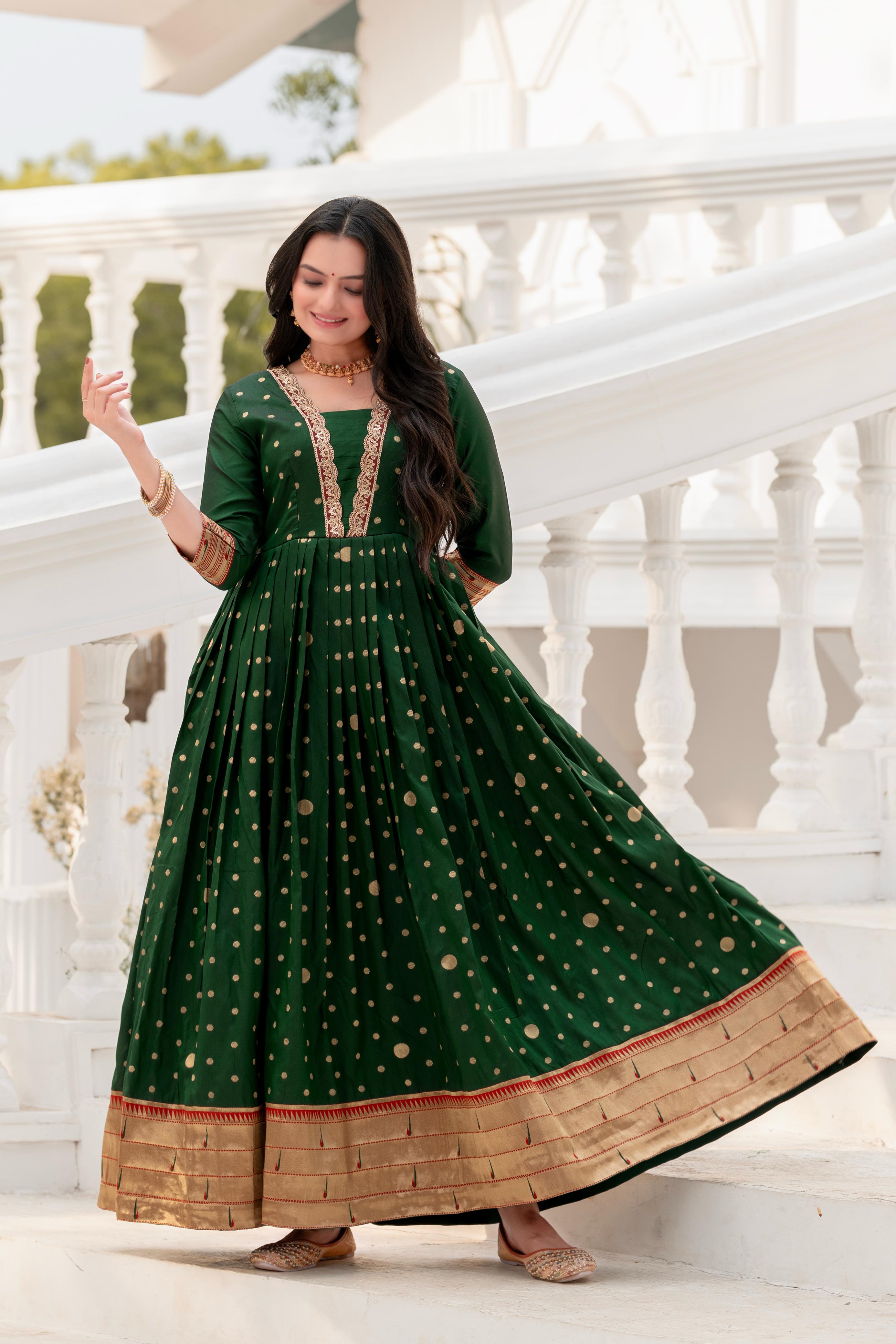 Green Pure Soft Paithani Silk Anarkali Gown