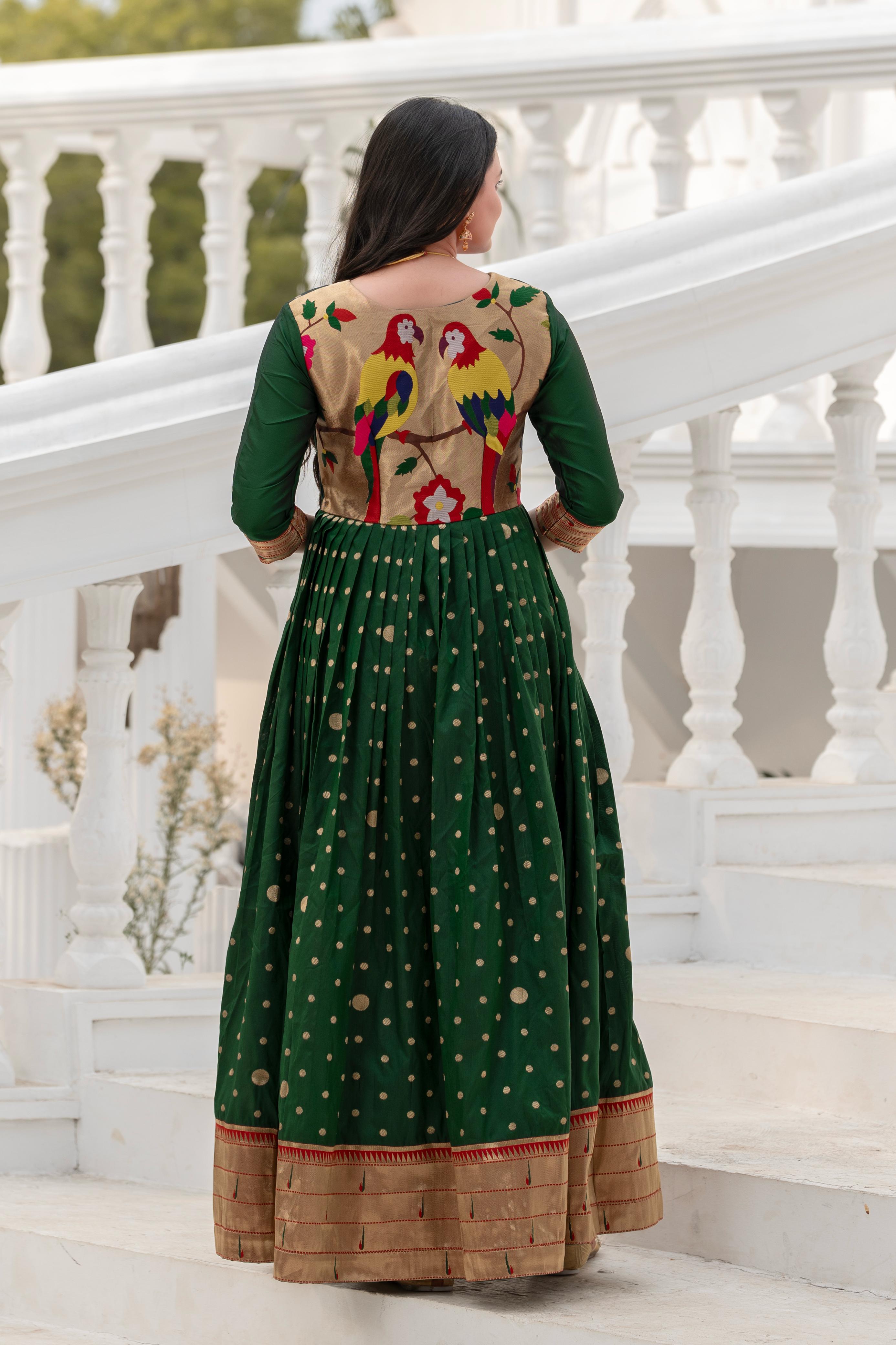 Green Pure Soft Paithani Silk Anarkali Gown