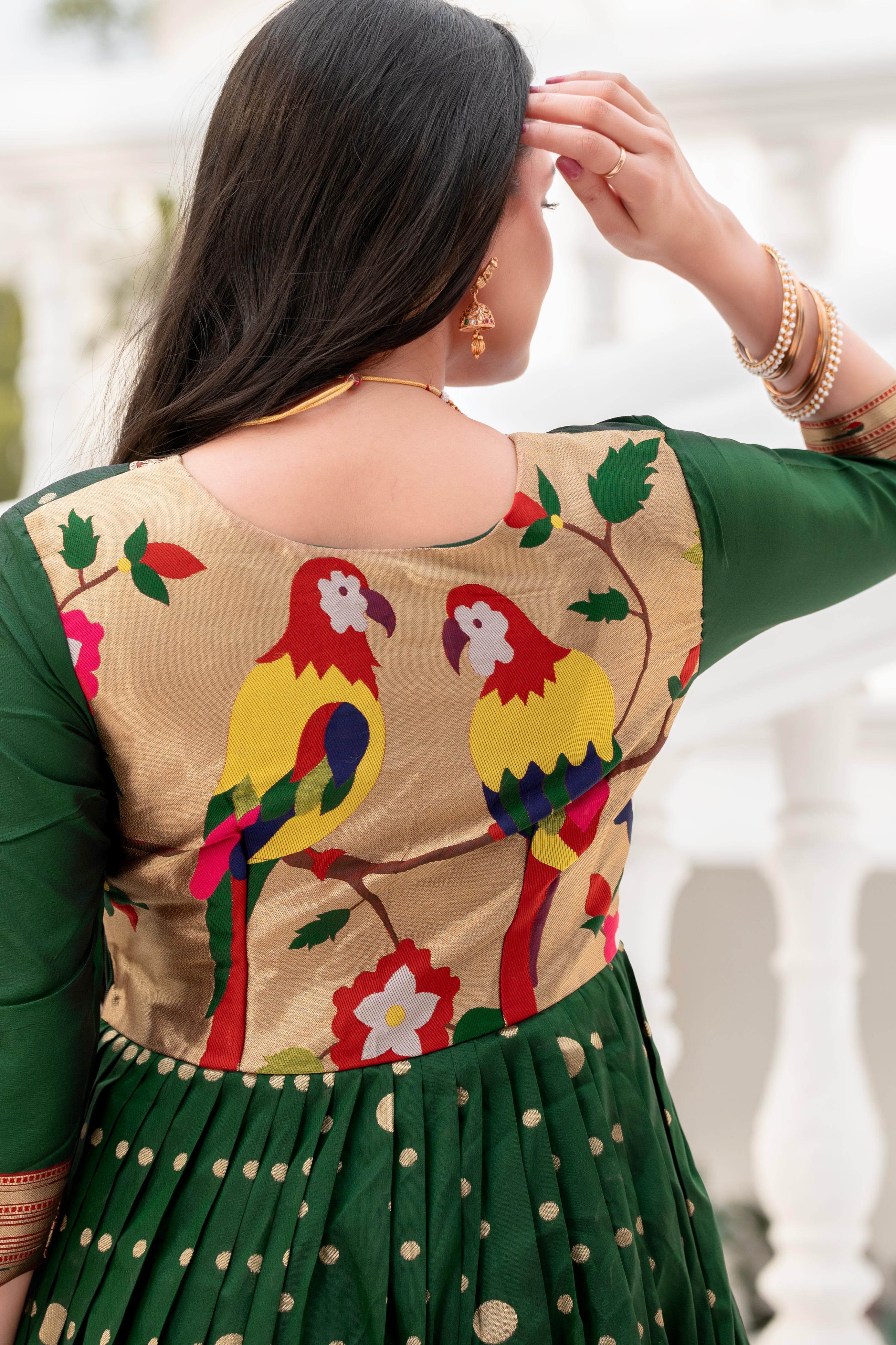 Green Pure Soft Paithani Silk Anarkali Gown