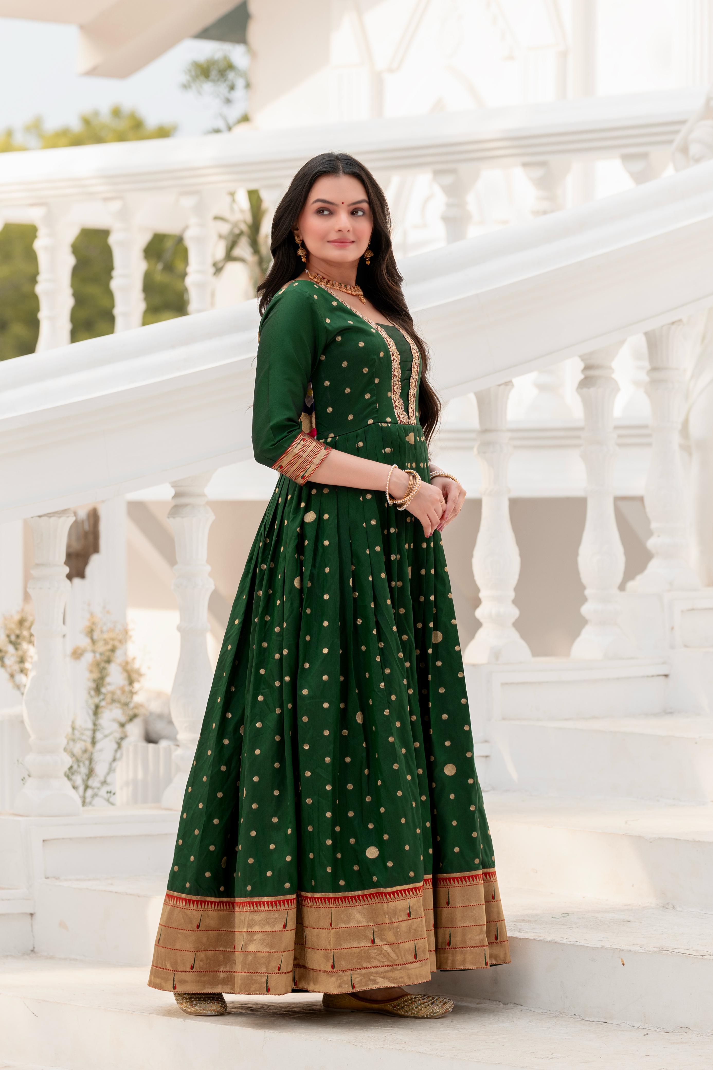 Green Pure Soft Paithani Silk Anarkali Gown