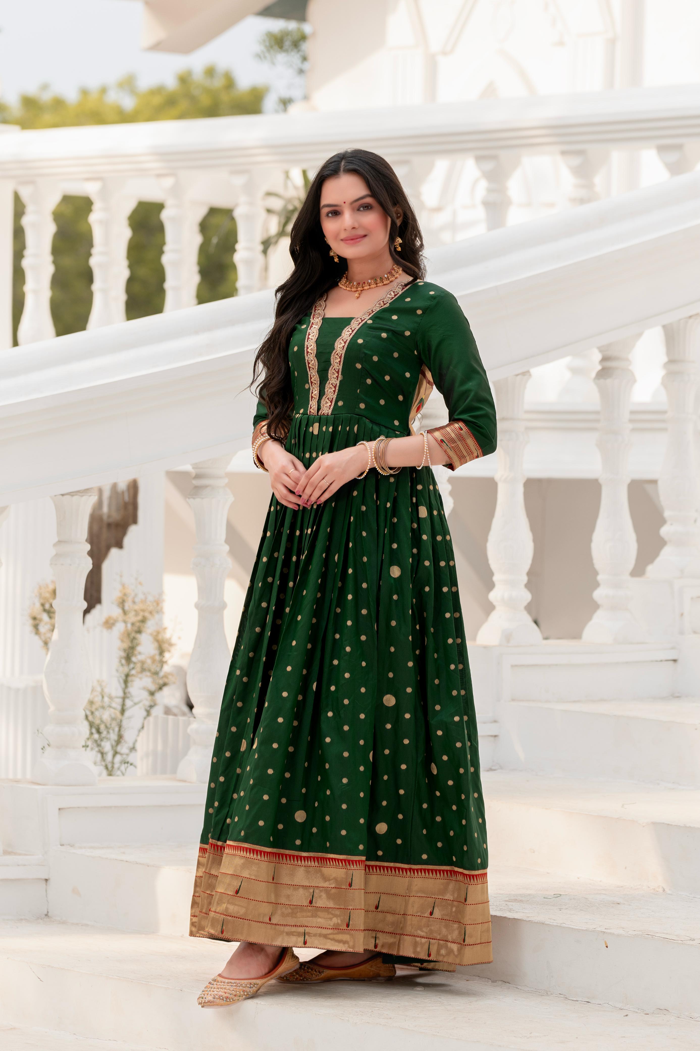 Green Pure Soft Paithani Silk Anarkali Gown