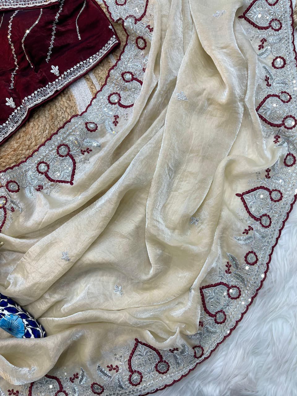 Cream Pure Soft Space Silk Saree