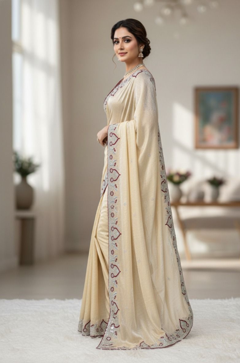 Cream Pure Soft Space Silk Saree Space Silk Anant Tex Exports Pvt.Ltd..