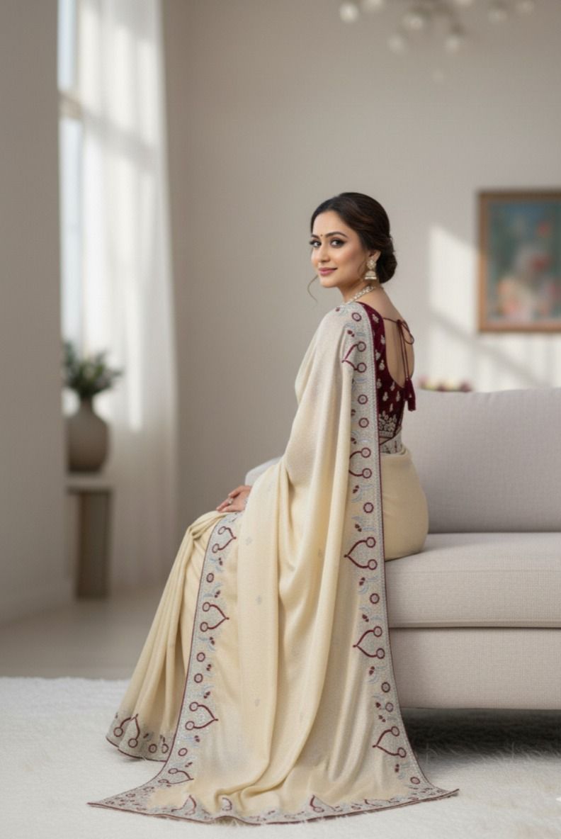 Cream Pure Soft Space Silk Saree