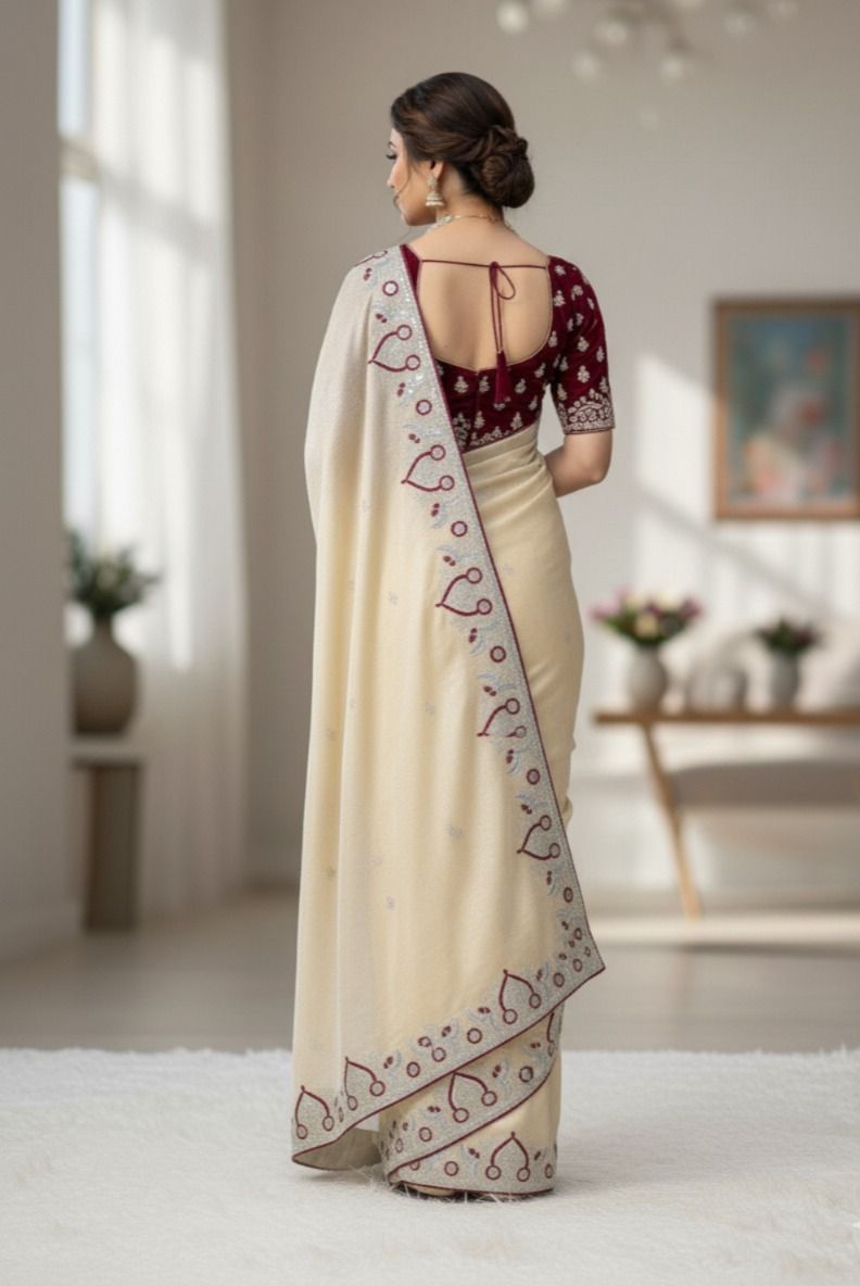 Cream Pure Soft Space Silk Saree Space Silk Anant Tex Exports Pvt.Ltd..