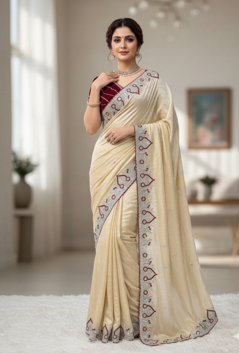 Cream Pure Soft Space Silk Saree Space Silk Anant Tex Exports Pvt.Ltd..