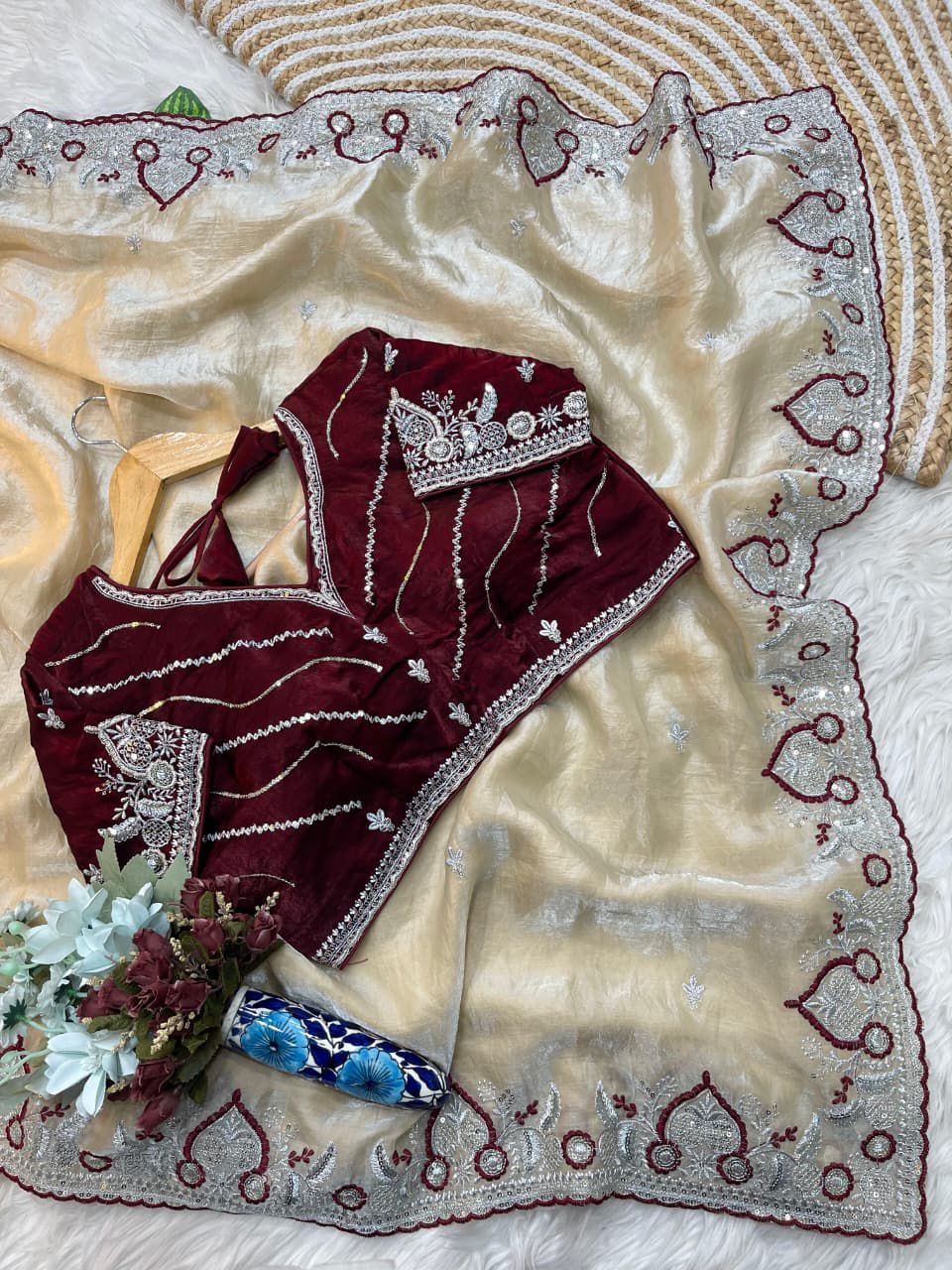 Cream Pure Soft Space Silk Saree