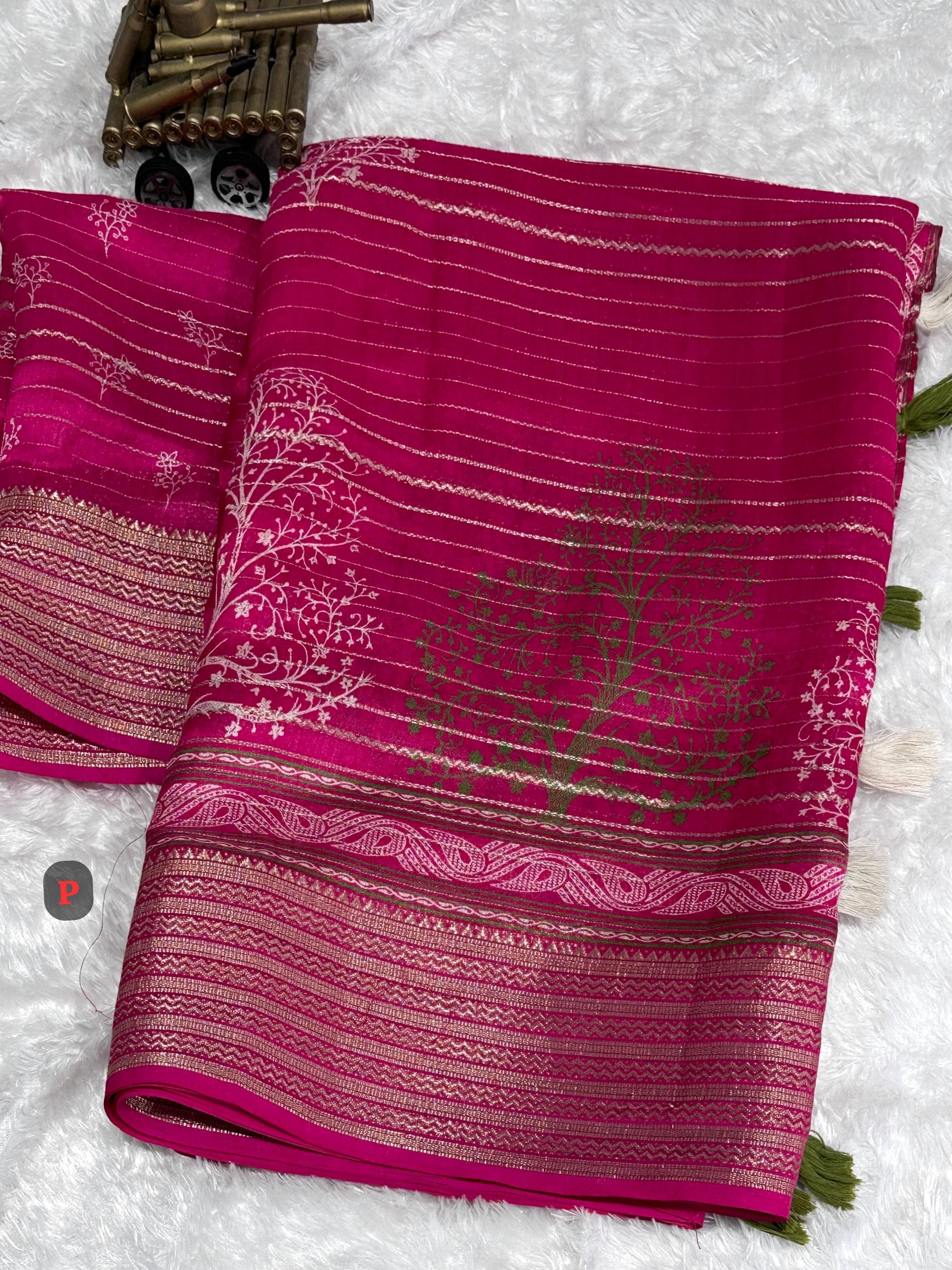 Pink Pure Zari Moss Chiffon Saree