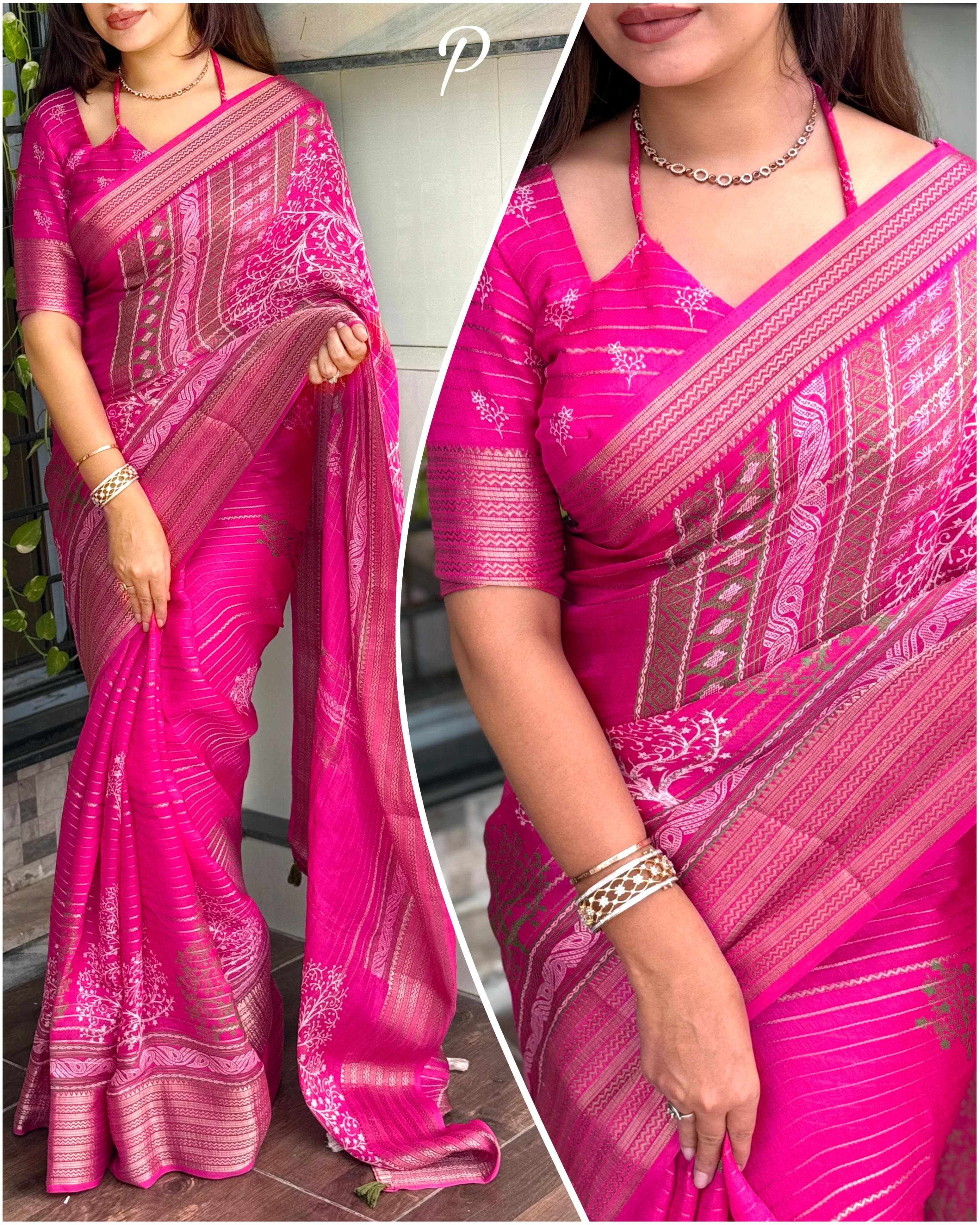 Pink Pure Zari Moss Chiffon Saree