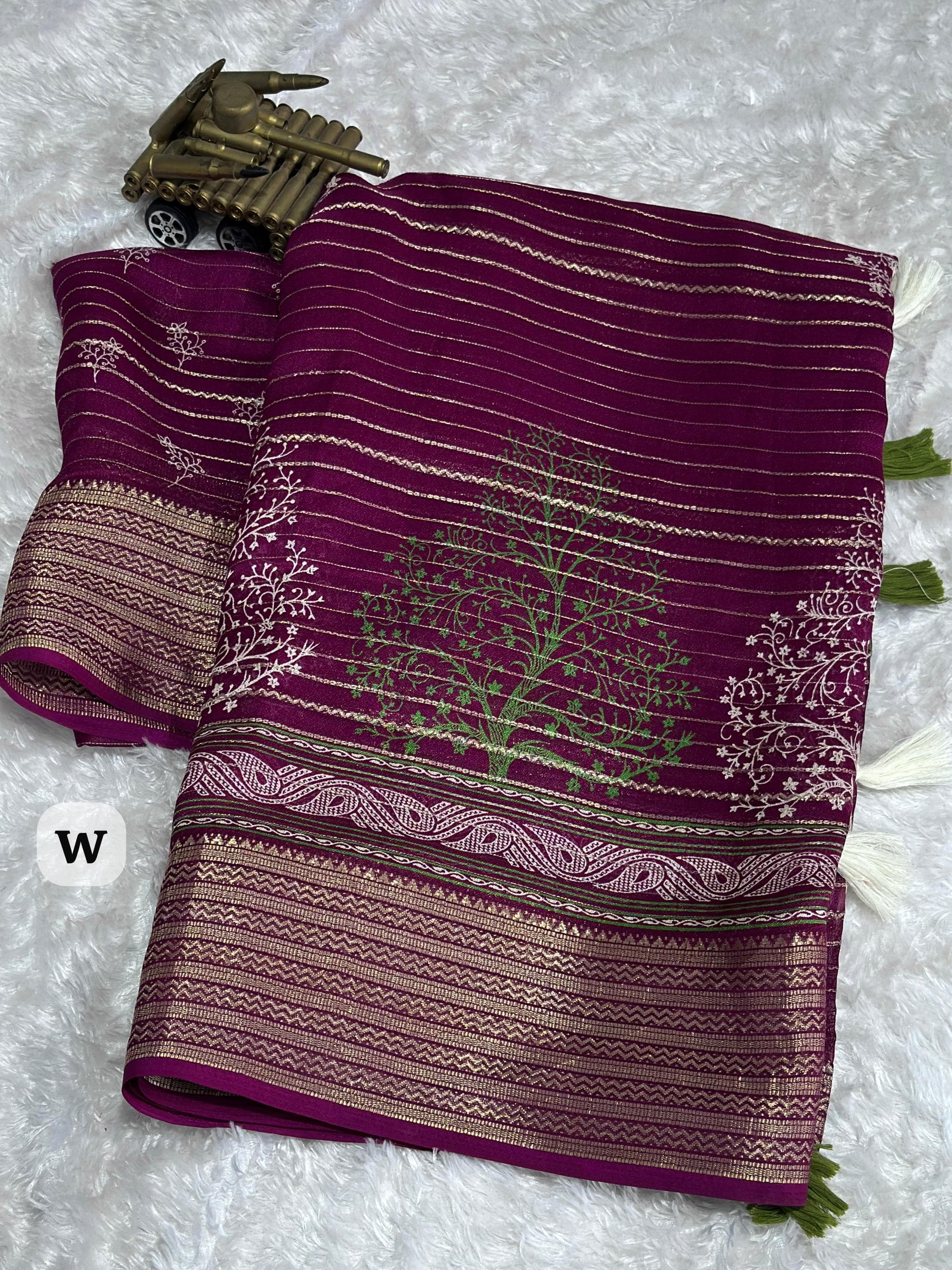 Wine Pure Zari Moss Chiffon Saree