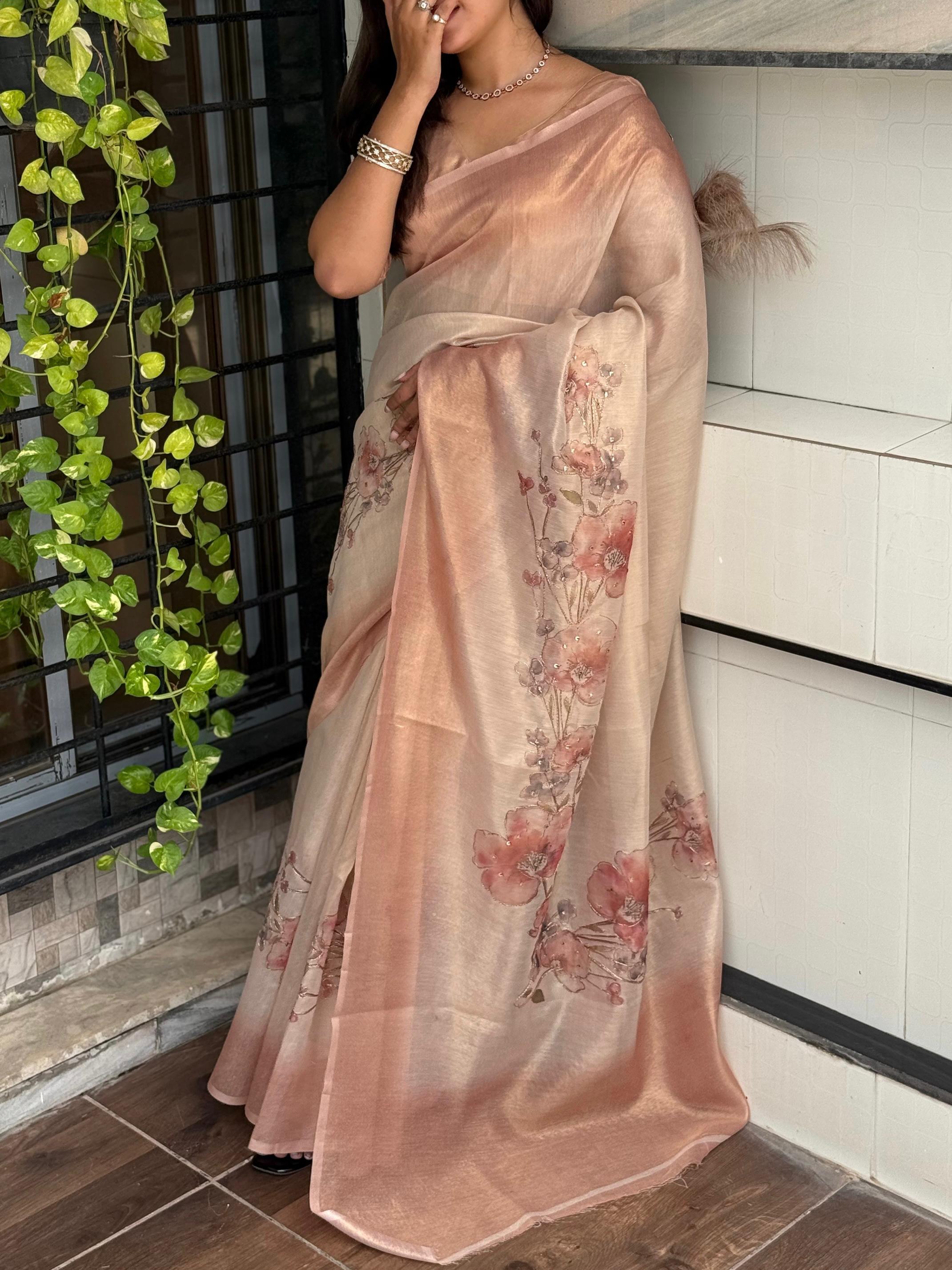 Light Peach Pure Taspa Silk Saree