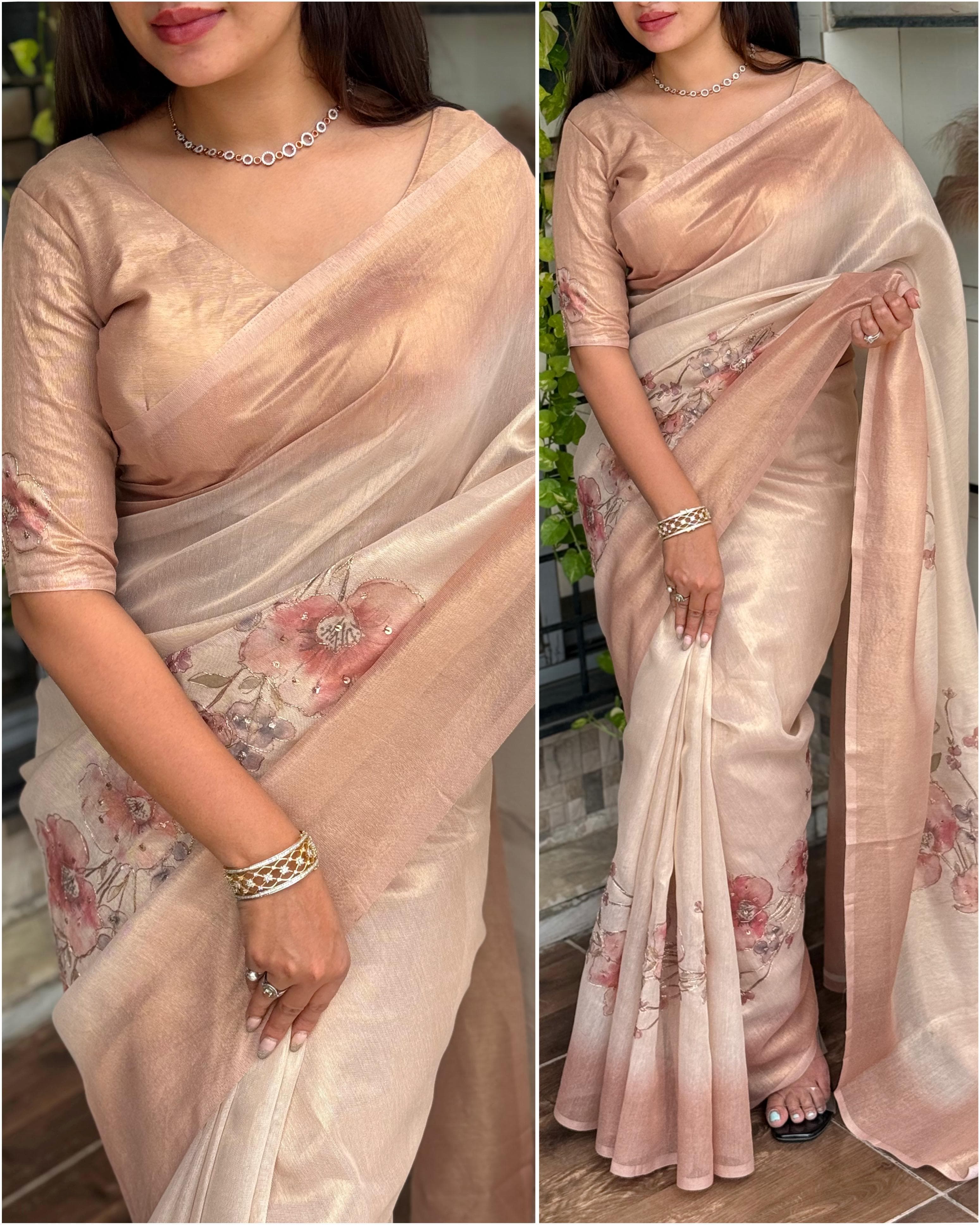 Light Peach Pure Taspa Silk Saree