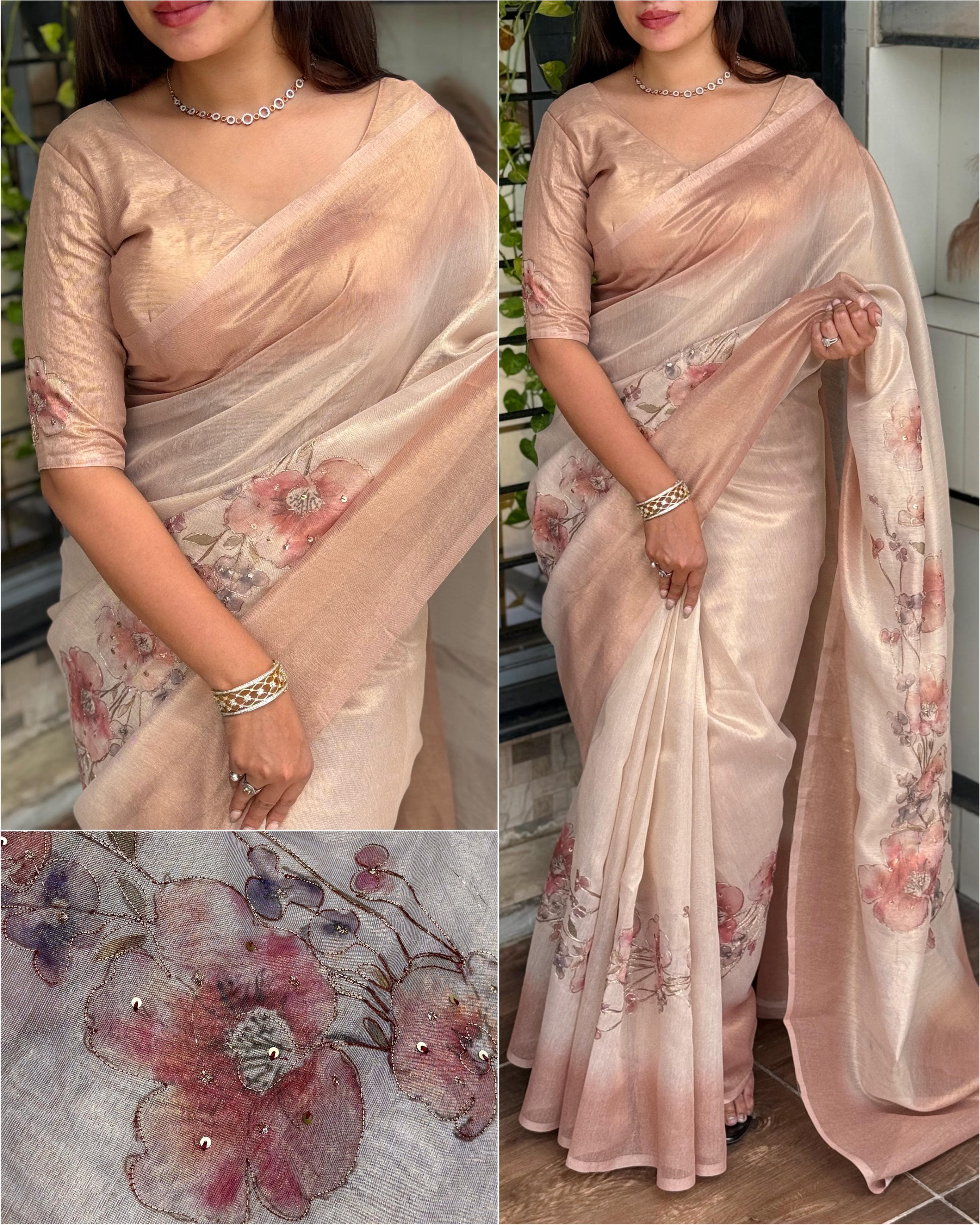 Light Peach Pure Taspa Silk Saree