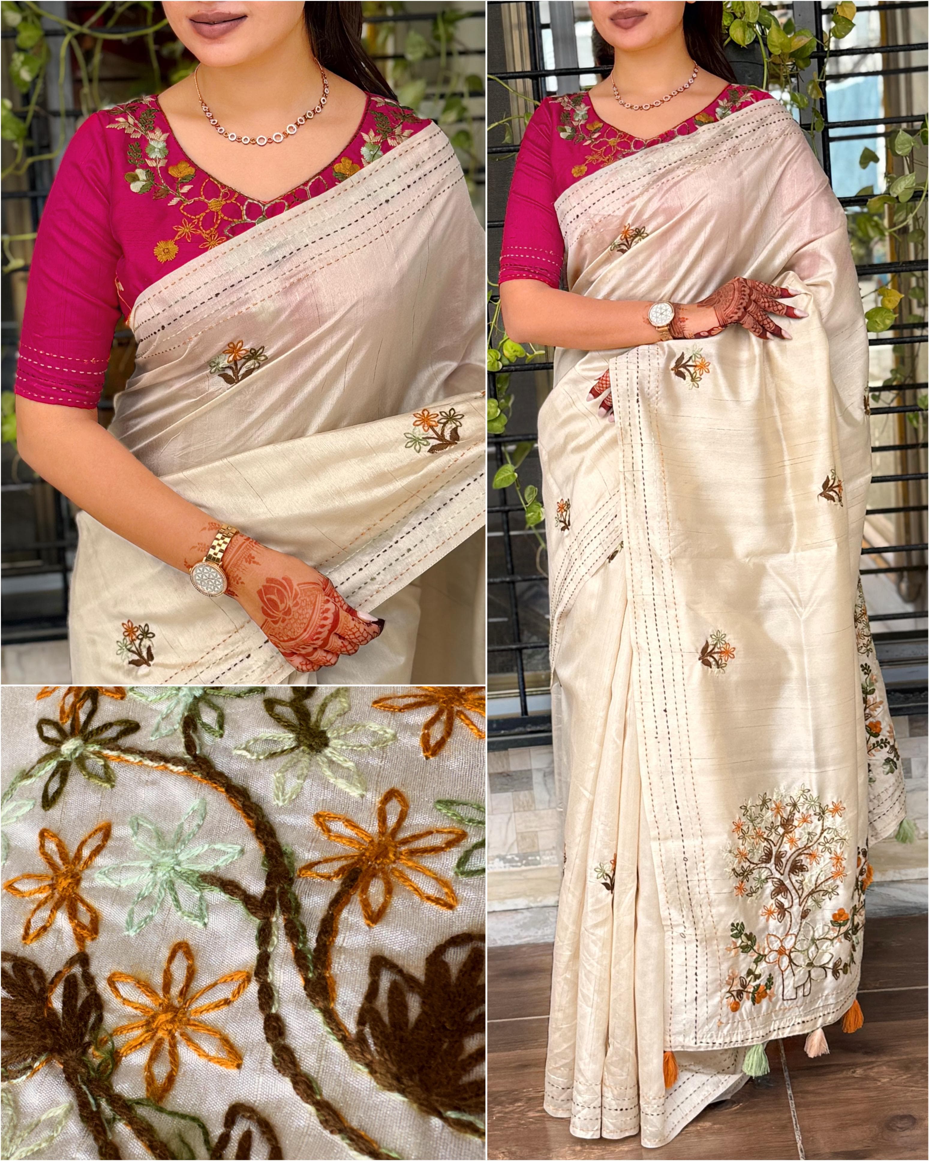 Cream Pure Soft Tussar Cotton Saree