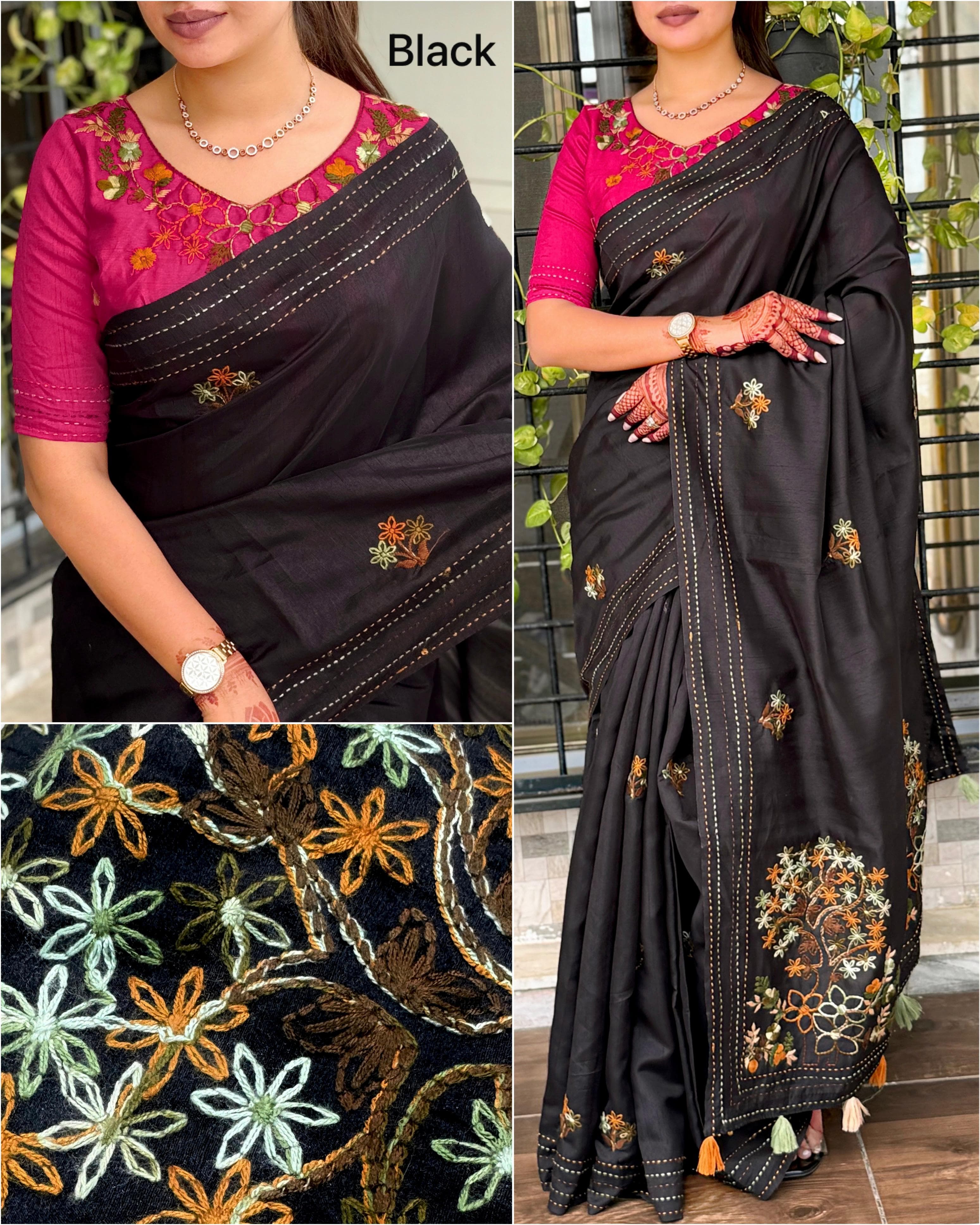 Black Pure Soft Tussar Cotton Saree