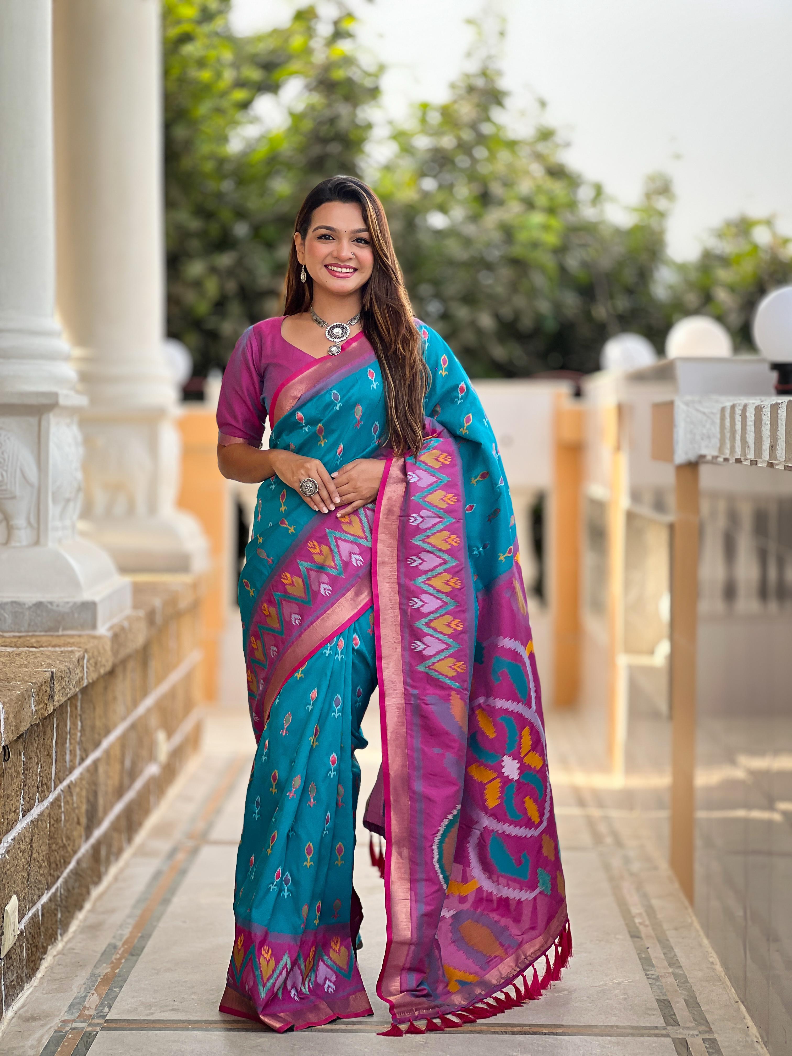 Sky Blue Pure Soft Patola Silk Saree