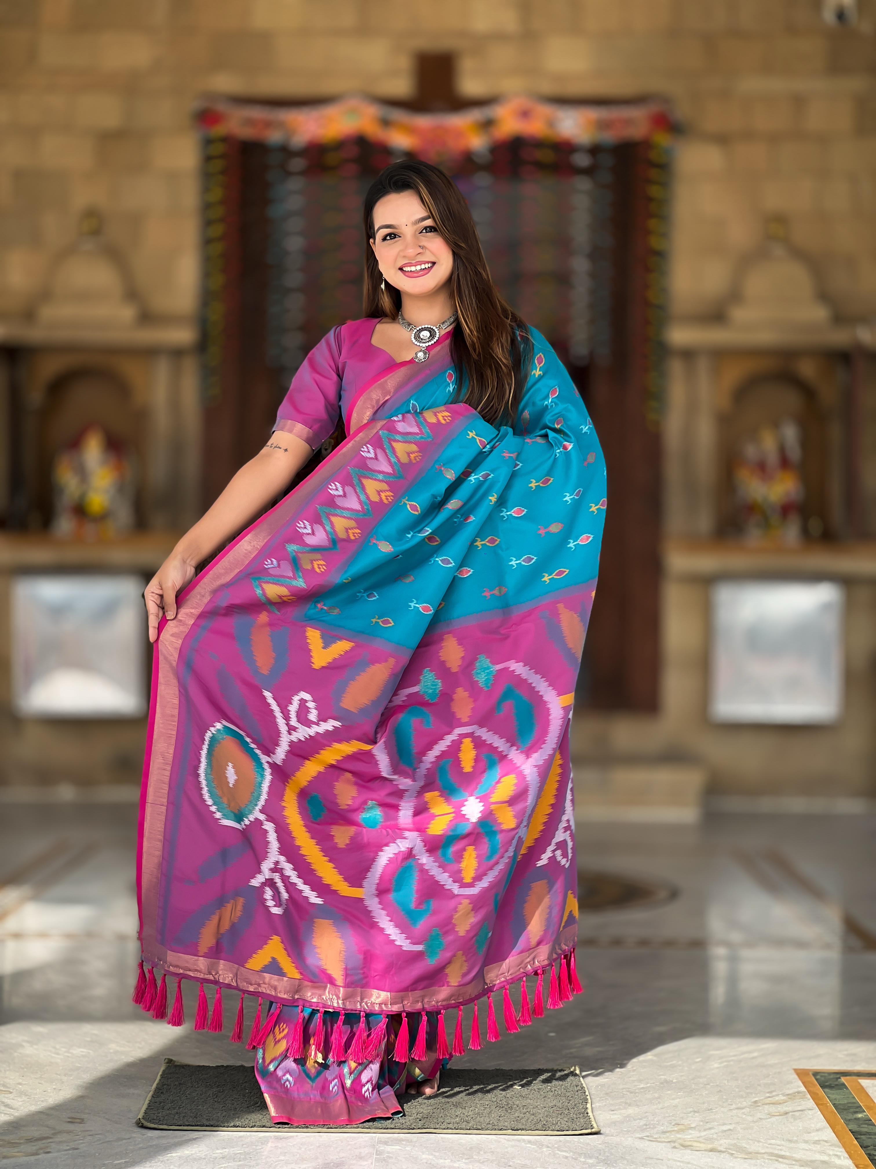 Sky Blue Pure Soft Patola Silk Saree