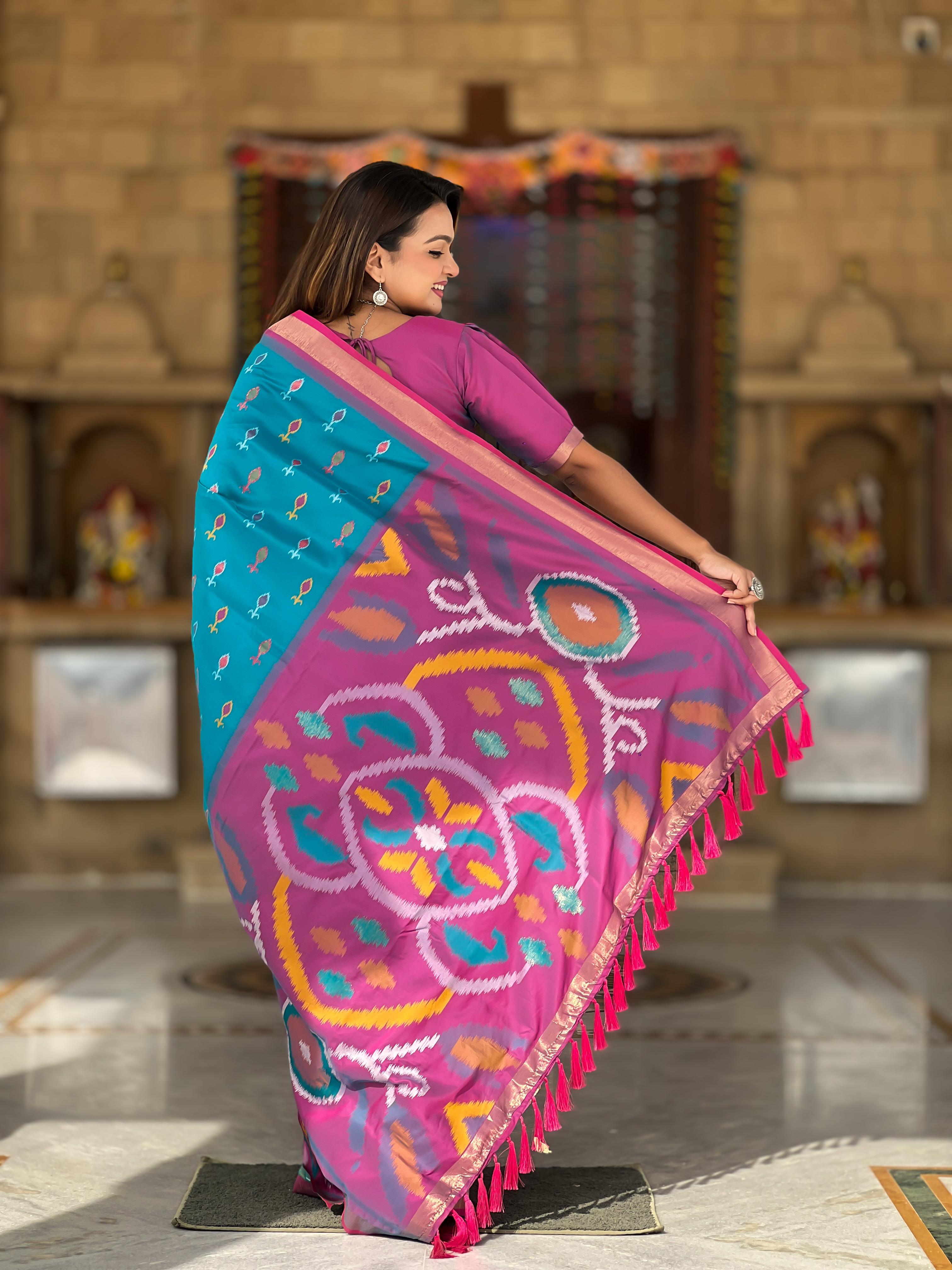 Sky Blue Pure Soft Patola Silk Saree