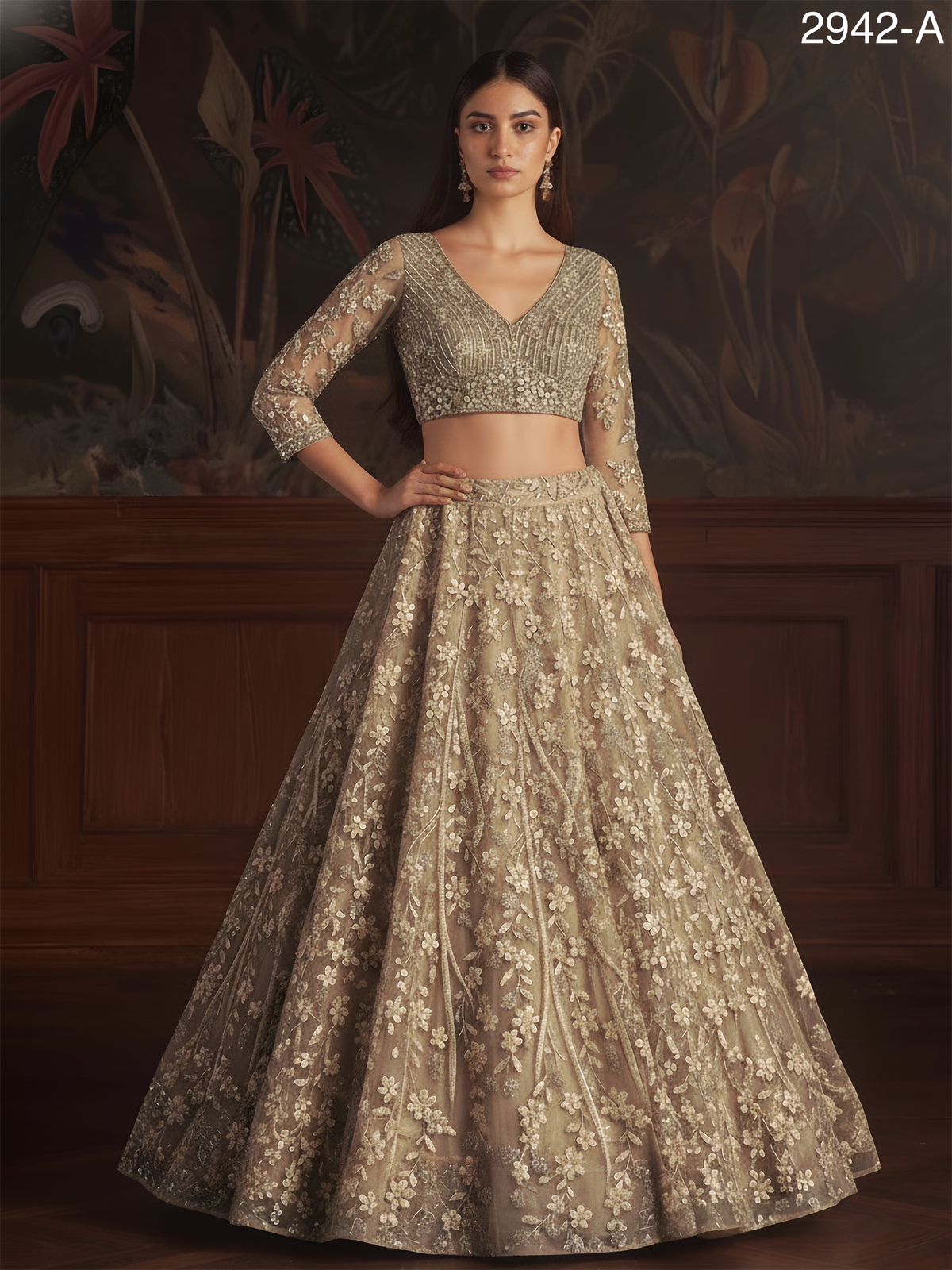 Golden Pure Soft Net Heavy Embroidery Work Bridal Lehenga