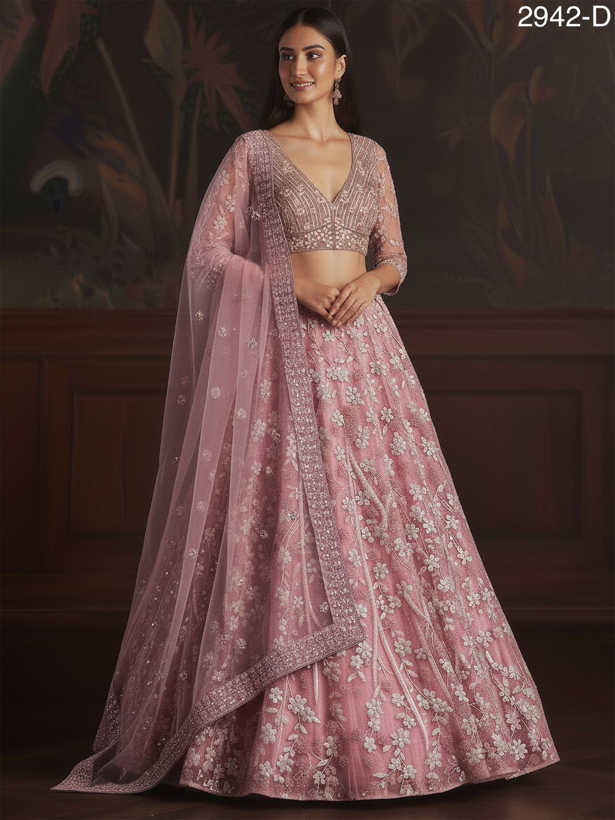 Pink Pure Soft Net Heavy Embroidery Work Bridal Lehenga