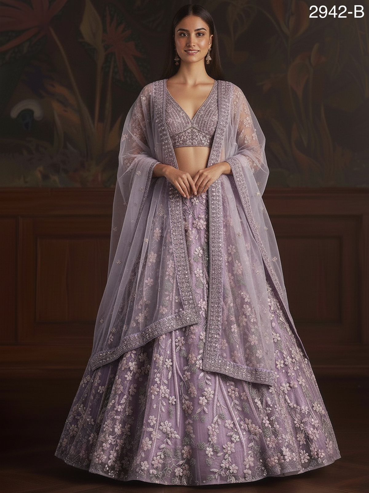 Light Purple Pure Soft Net Heavy Embroidery Work Bridal Lehenga