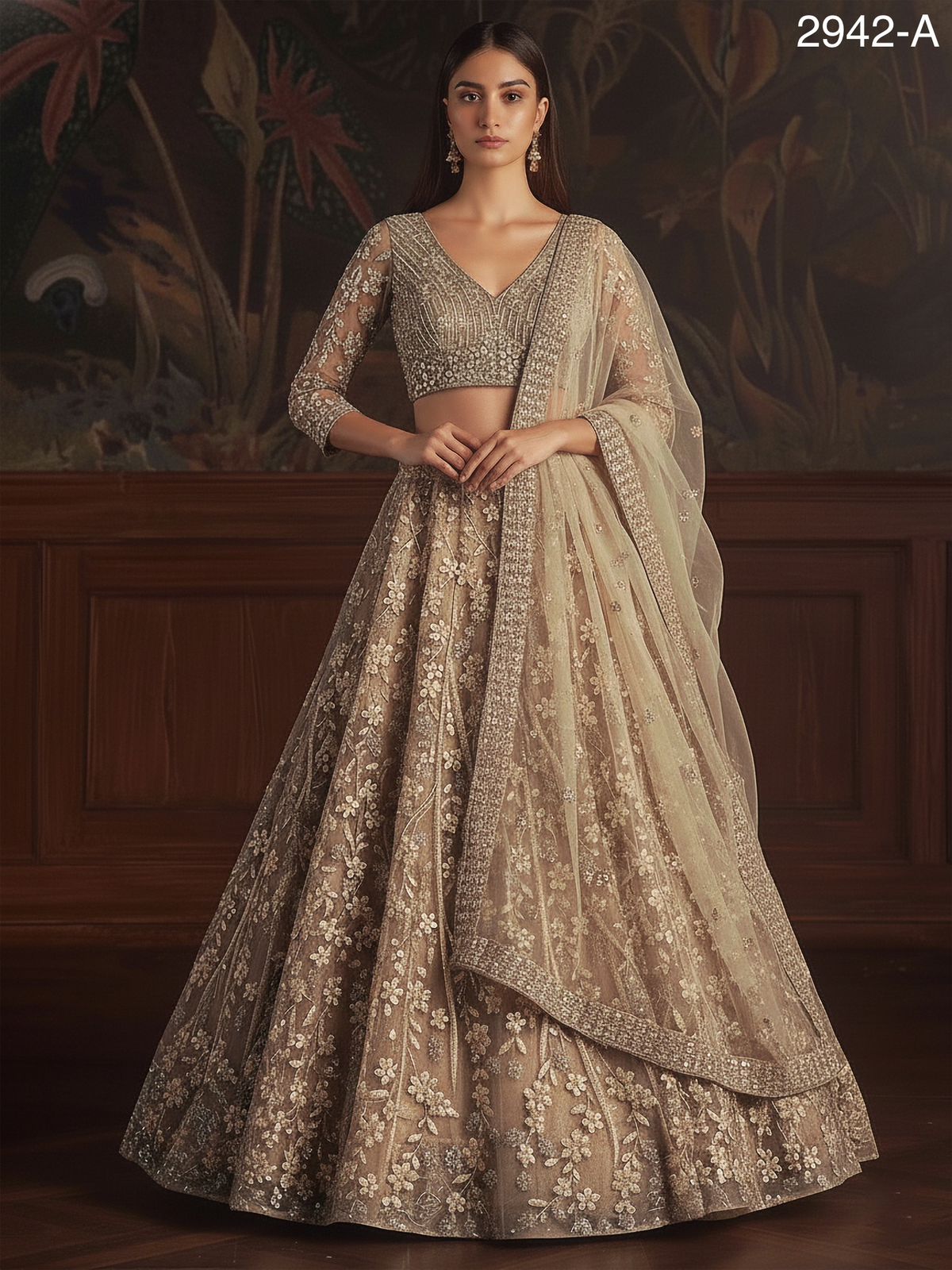 Golden Pure Soft Net Heavy Embroidery Work Bridal Lehenga