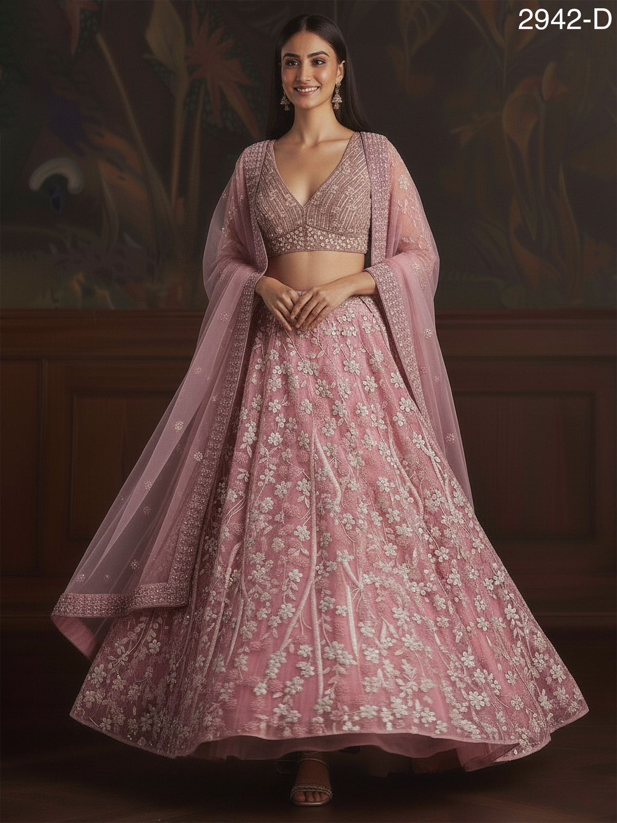 Pink Pure Soft Net Heavy Embroidery Work Bridal Lehenga