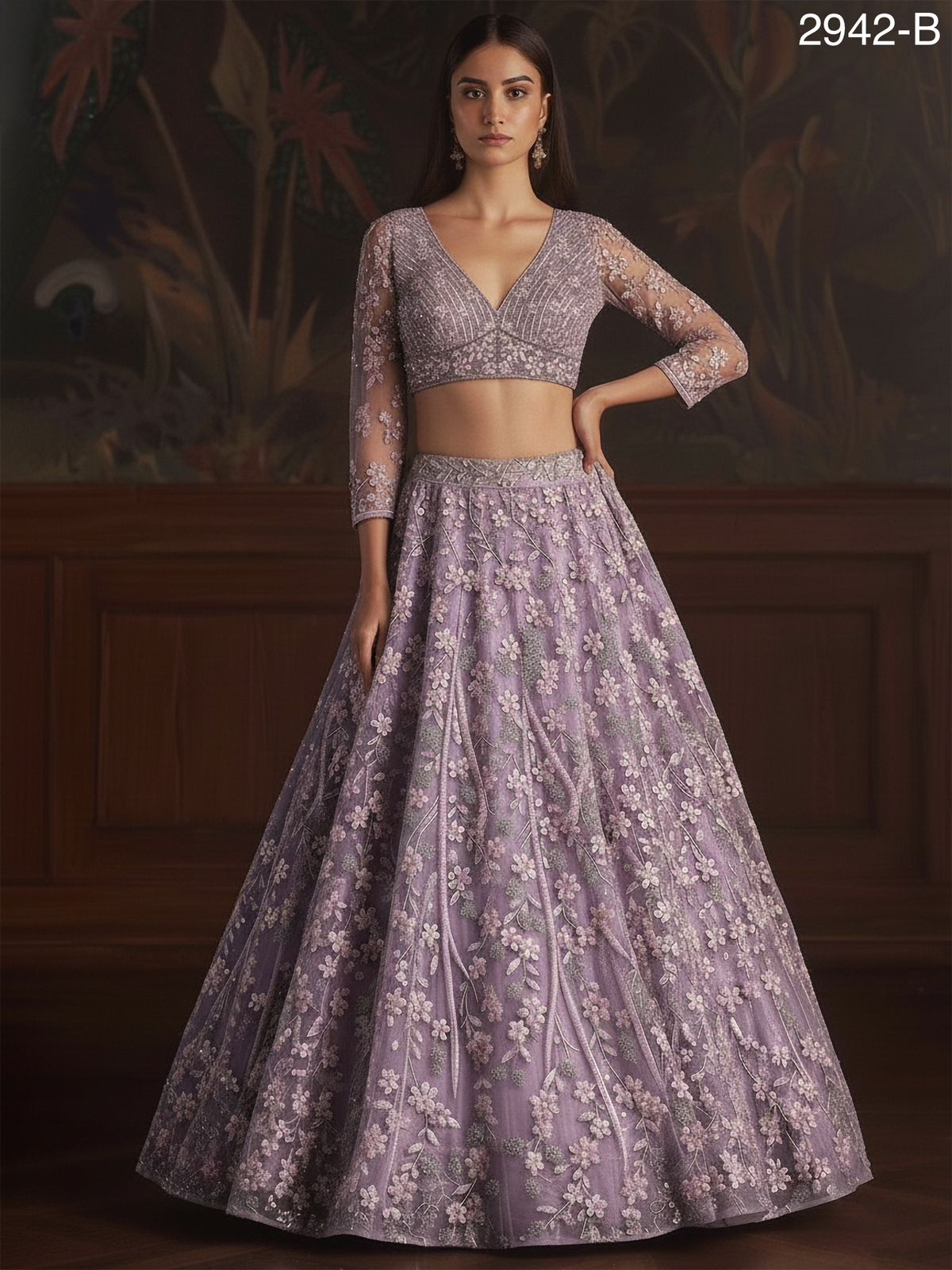 Light Purple Pure Soft Net Heavy Embroidery Work Bridal Lehenga