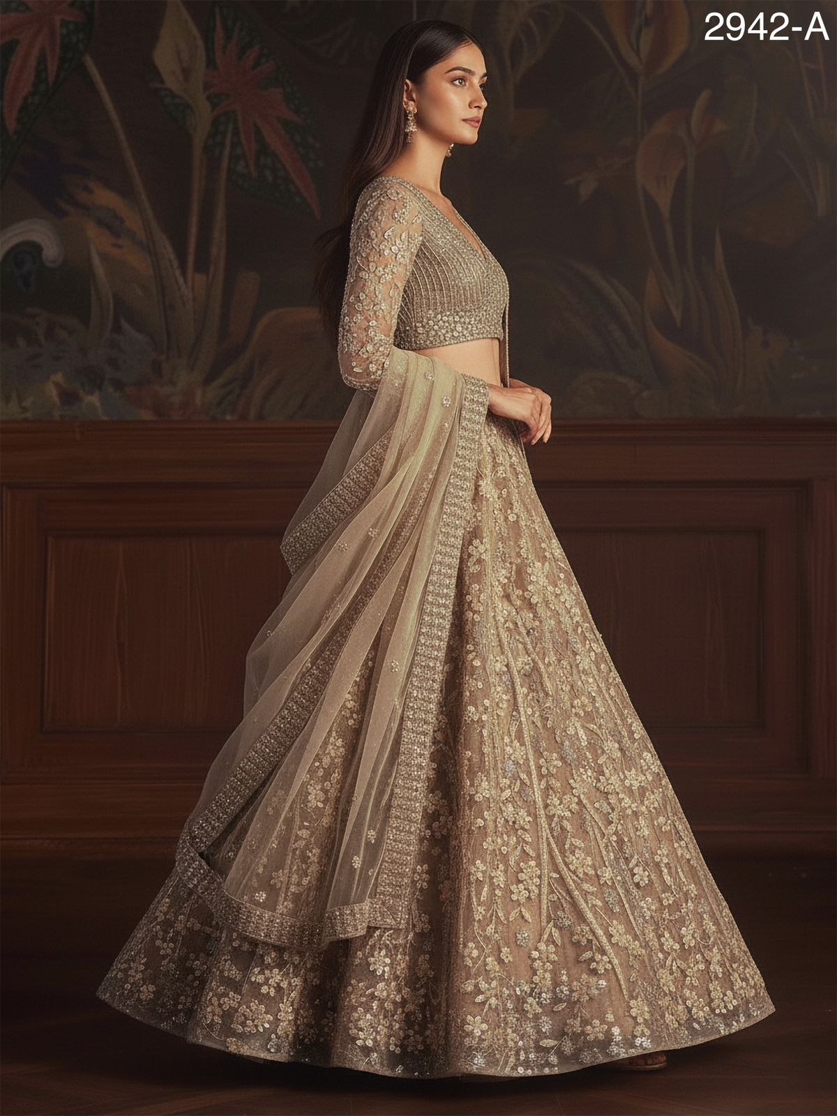 Golden Pure Soft Net Heavy Embroidery Work Bridal Lehenga