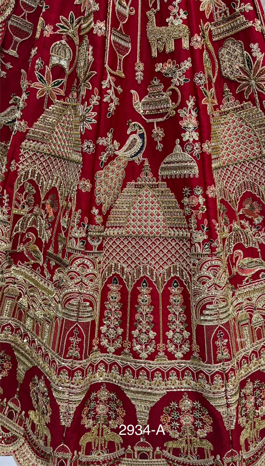 Red Pure Soft Heavy Silk Khatali Work Bridal Lehenga Choli